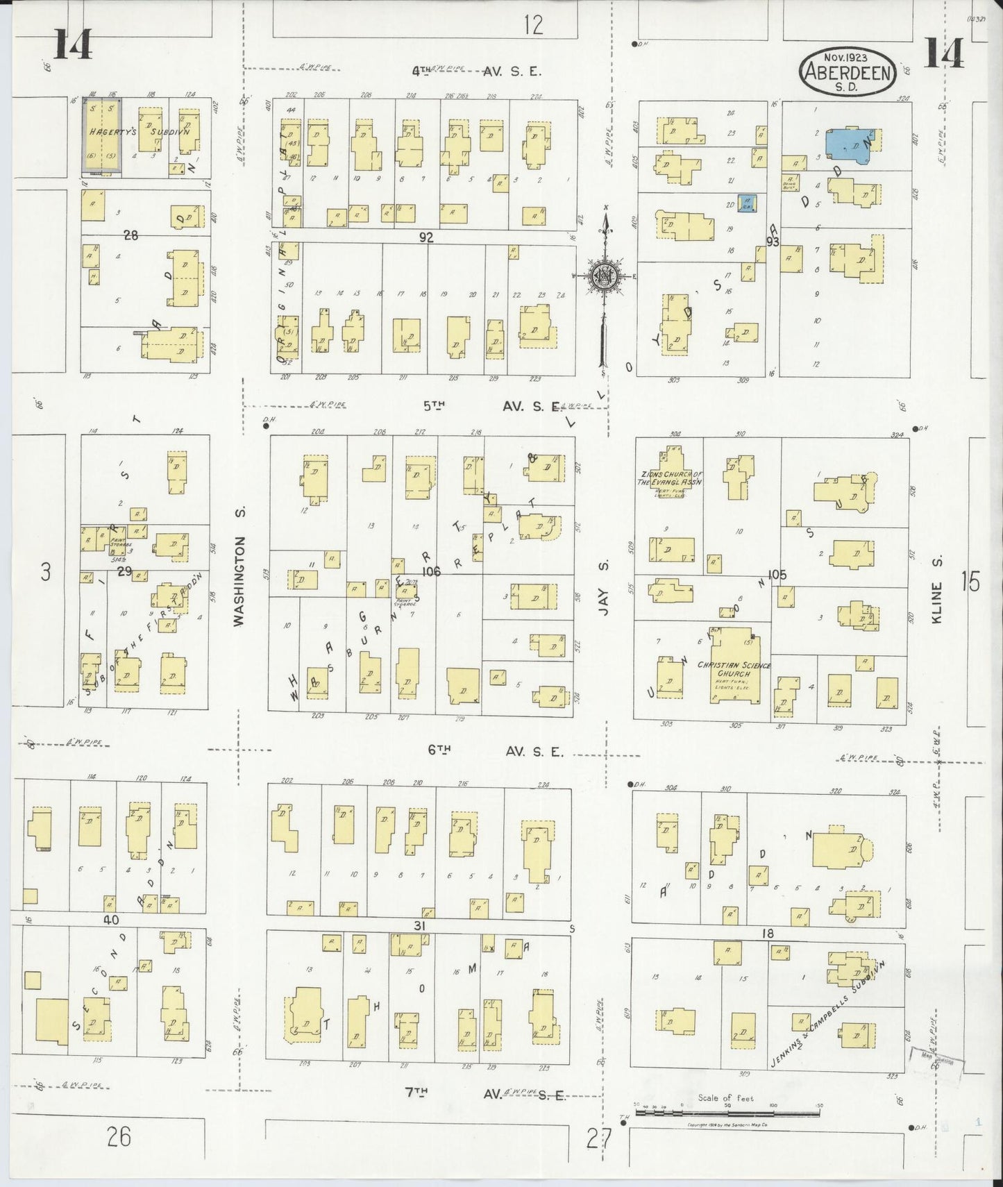 Sanborn Fire Insurance Map from Aberdeen, Brown County, South Dakota (1923), Sheet #0014 - Complete Map Set gallery image, historic Sanborn map, vintage wall art, South Dakota South Dakota