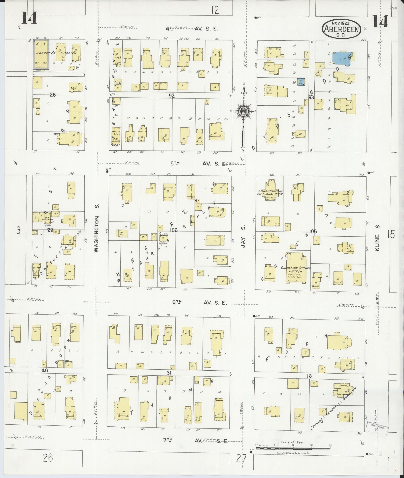 Sanborn Fire Insurance Map from Aberdeen, Brown County, South Dakota (1923), Sheet #0014 - Complete Map Set gallery image, historic Sanborn map, vintage wall art, South Dakota South Dakota