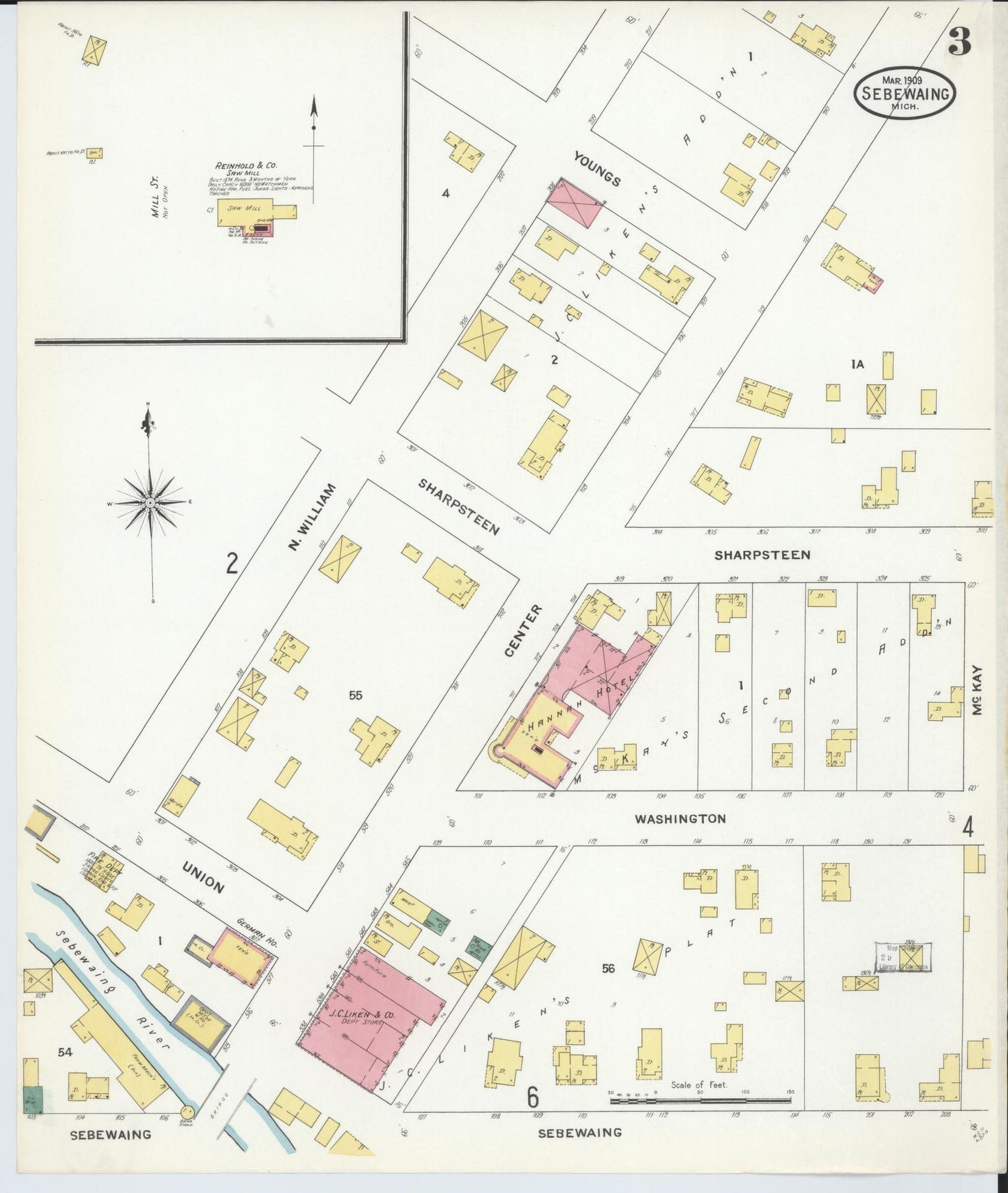 Sanborn Fire Insurance Map from Sebewaing, Huron County, Michigan (1909), Sheet #0003 - Complete Map Set gallery image, historic Sanborn map, vintage wall art, Michigan Michigan