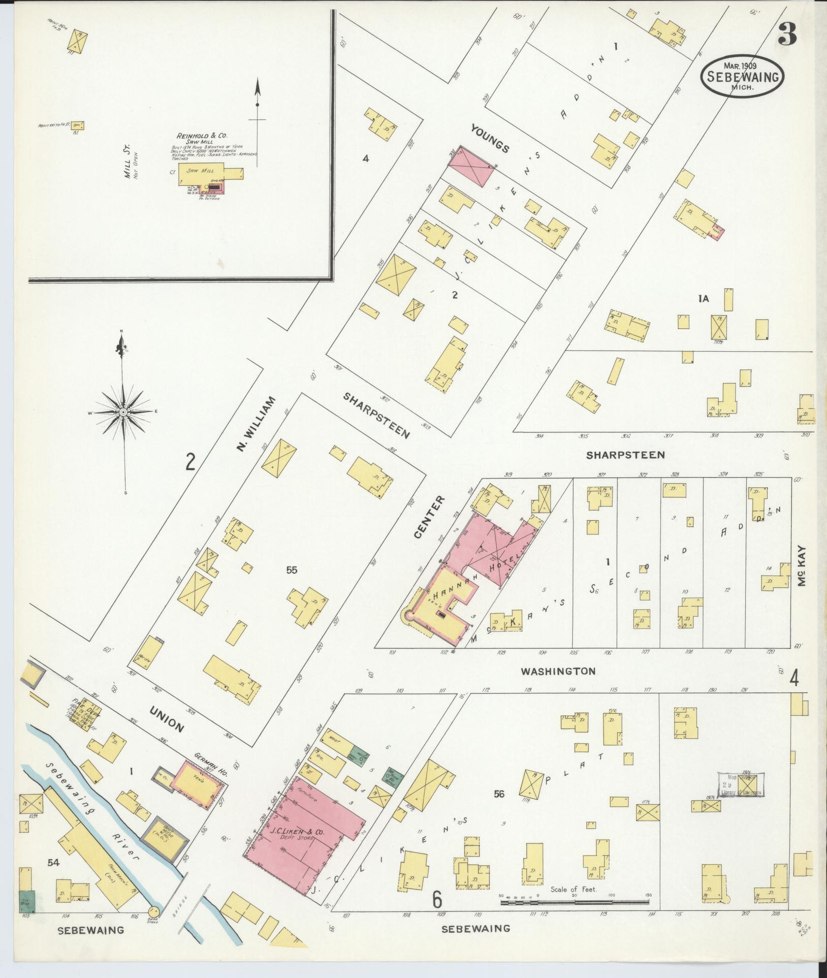 Sanborn Fire Insurance Map from Sebewaing, Huron County, Michigan (1909), Sheet #0003 - Complete Map Set gallery image, historic Sanborn map, vintage wall art, Michigan Michigan