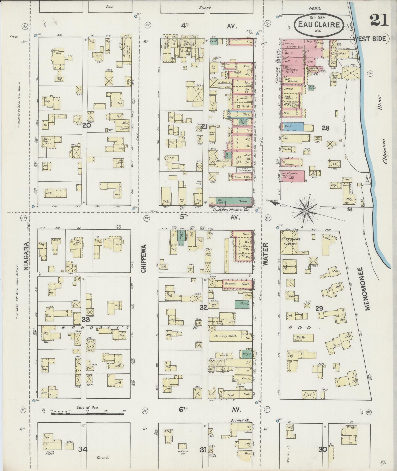 Sanborn Fire Insurance Map from Eau Claire, Eau Claire County, Wisconsin (1889), Sheet #0021 - Complete Map Set gallery image, historic Sanborn map, vintage wall art, Wisconsin Wisconsin