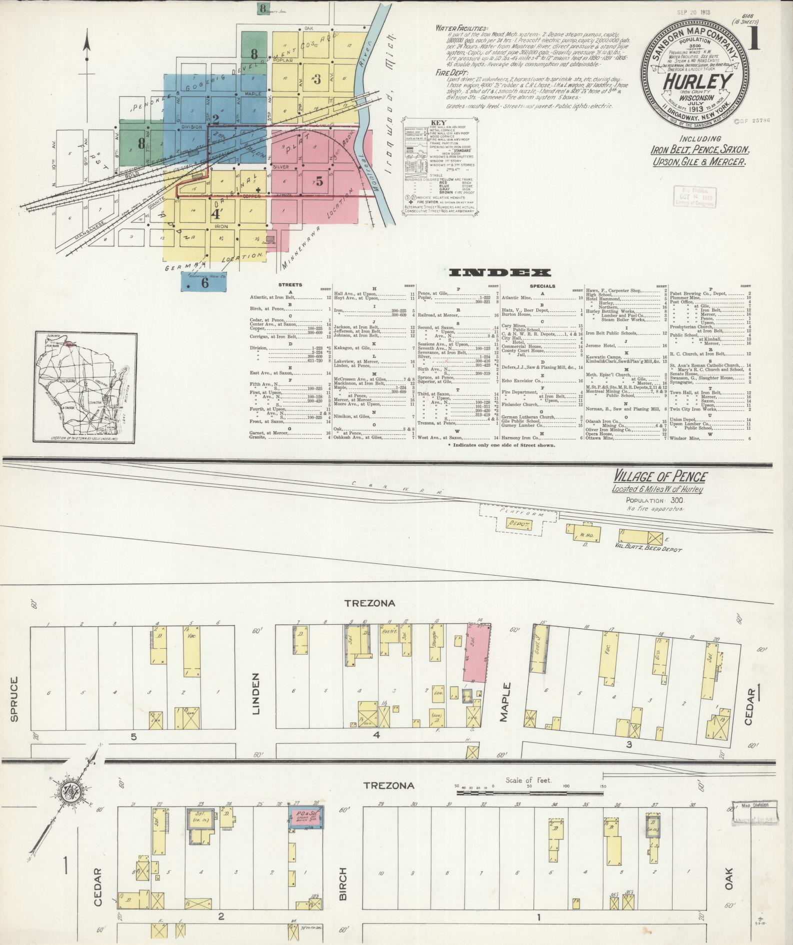 Sanborn Fire Insurance Map from Hurley, Iron County, Wisconsin (1913), Sheet #0001 - Complete Map Set gallery image, historic Sanborn map, vintage wall art, Wisconsin Wisconsin