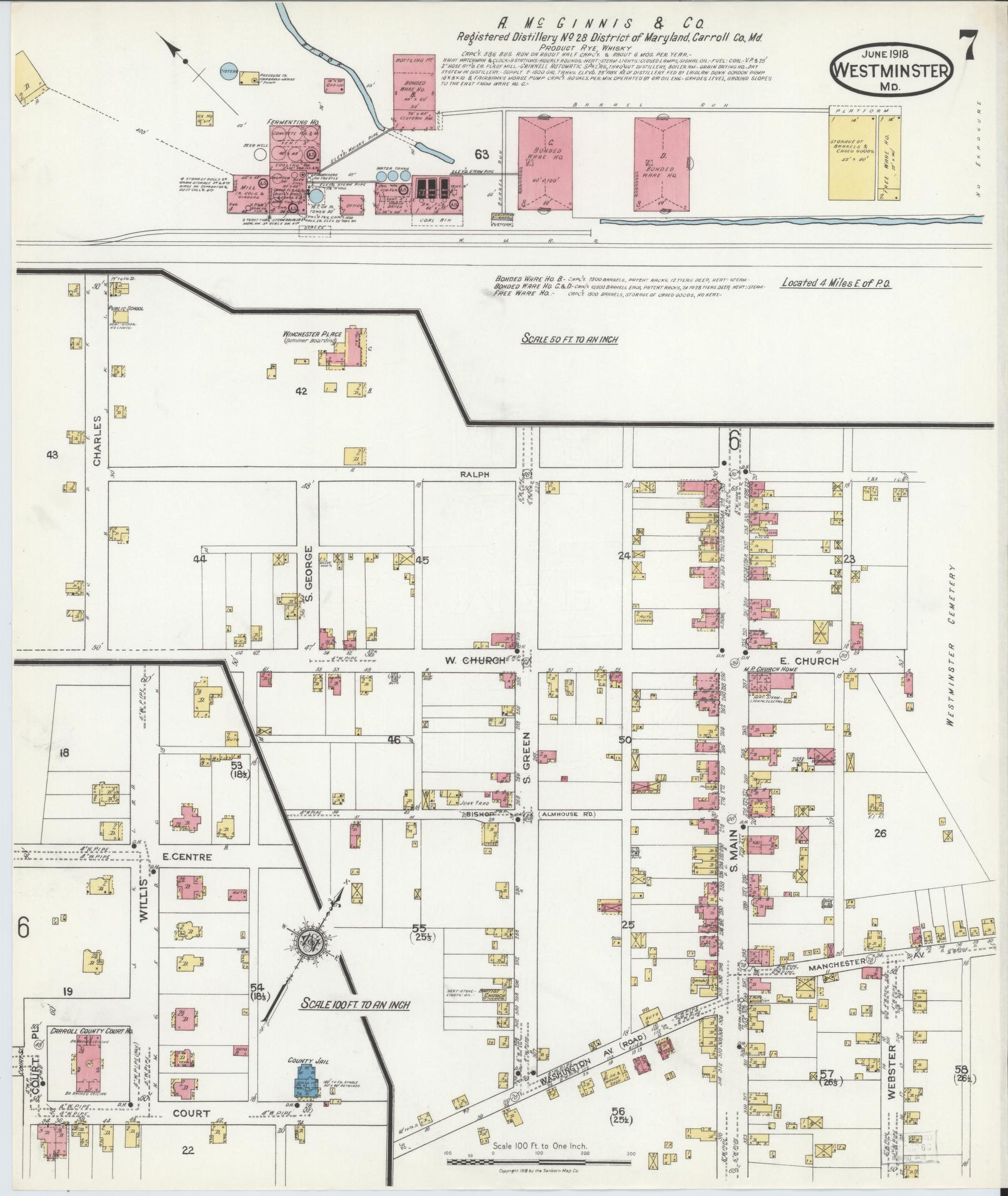 Sanborn Fire Insurance Map from Westminster, Carroll County, Maryland (1918), Sheet #0007 - Historic Sanborn Fire Insurance Map Print, vintage old map wall art, antique decor, genealogy gift, Maryland Maryland map