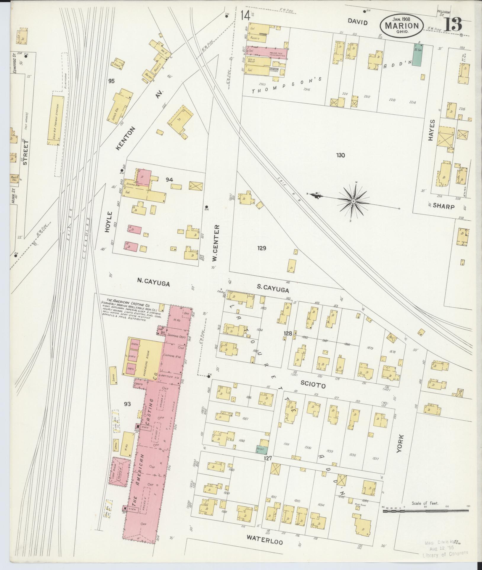 Sanborn Fire Insurance Map from Marion, Marion County, Ohio (1908), Sheet #0013 - Complete Map Set gallery image, historic Sanborn map, vintage wall art, Ohio Ohio