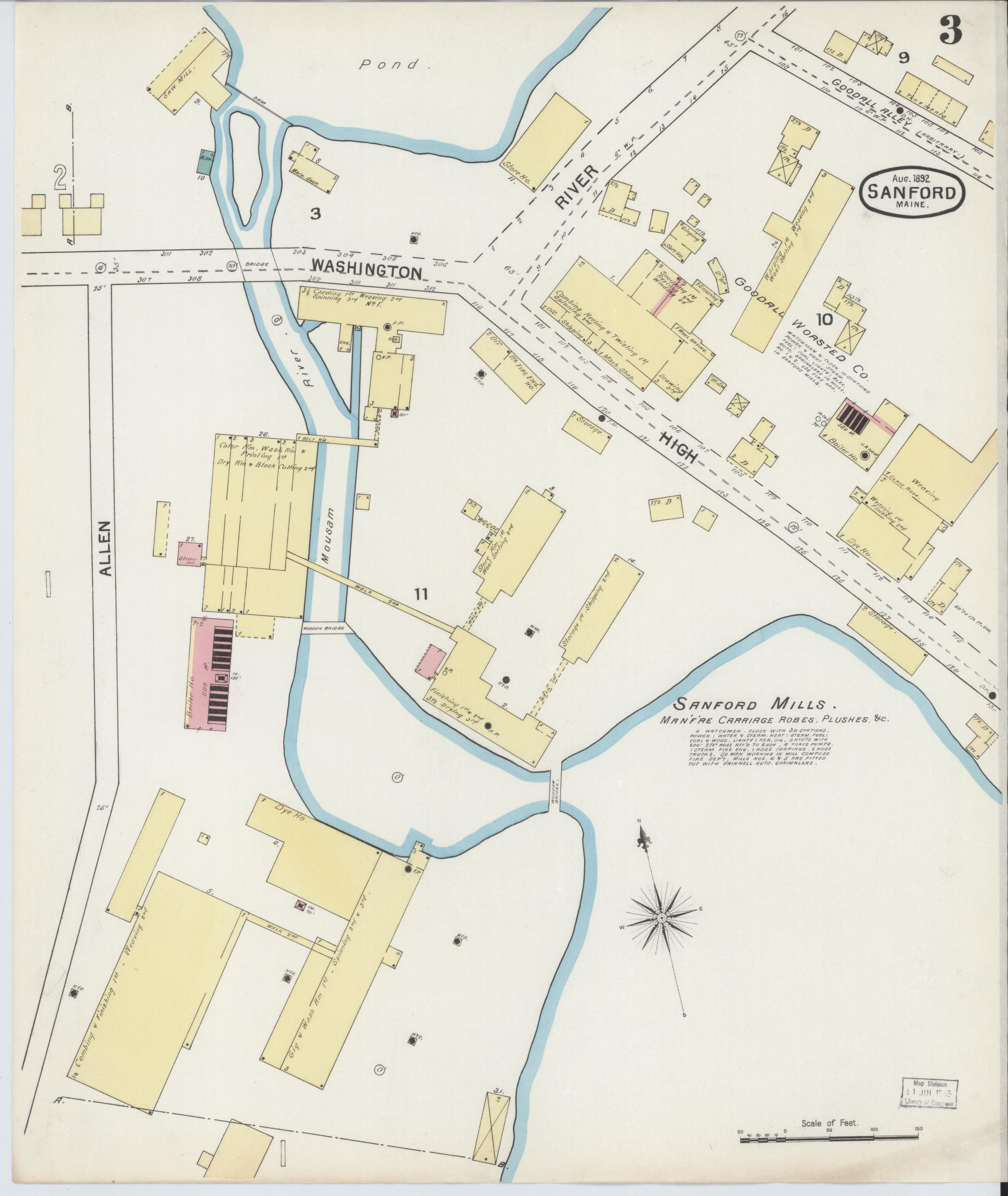 Sanborn Fire Insurance Map from Sanford, York County, Maine (1892), Sheet #0003 - Historic Sanborn Fire Insurance Map Print, vintage old map wall art, antique decor, genealogy gift, Maine Maine map