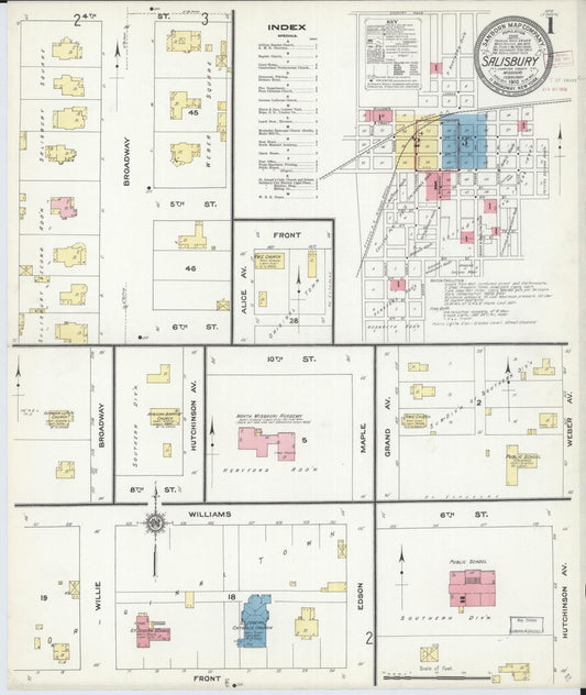 Sanborn Fire Insurance Map from Salisbury, Chariton County, Missouri (1910), Sheet #0001 - Complete Map Set gallery image, historic Sanborn map, vintage wall art, Missouri Missouri