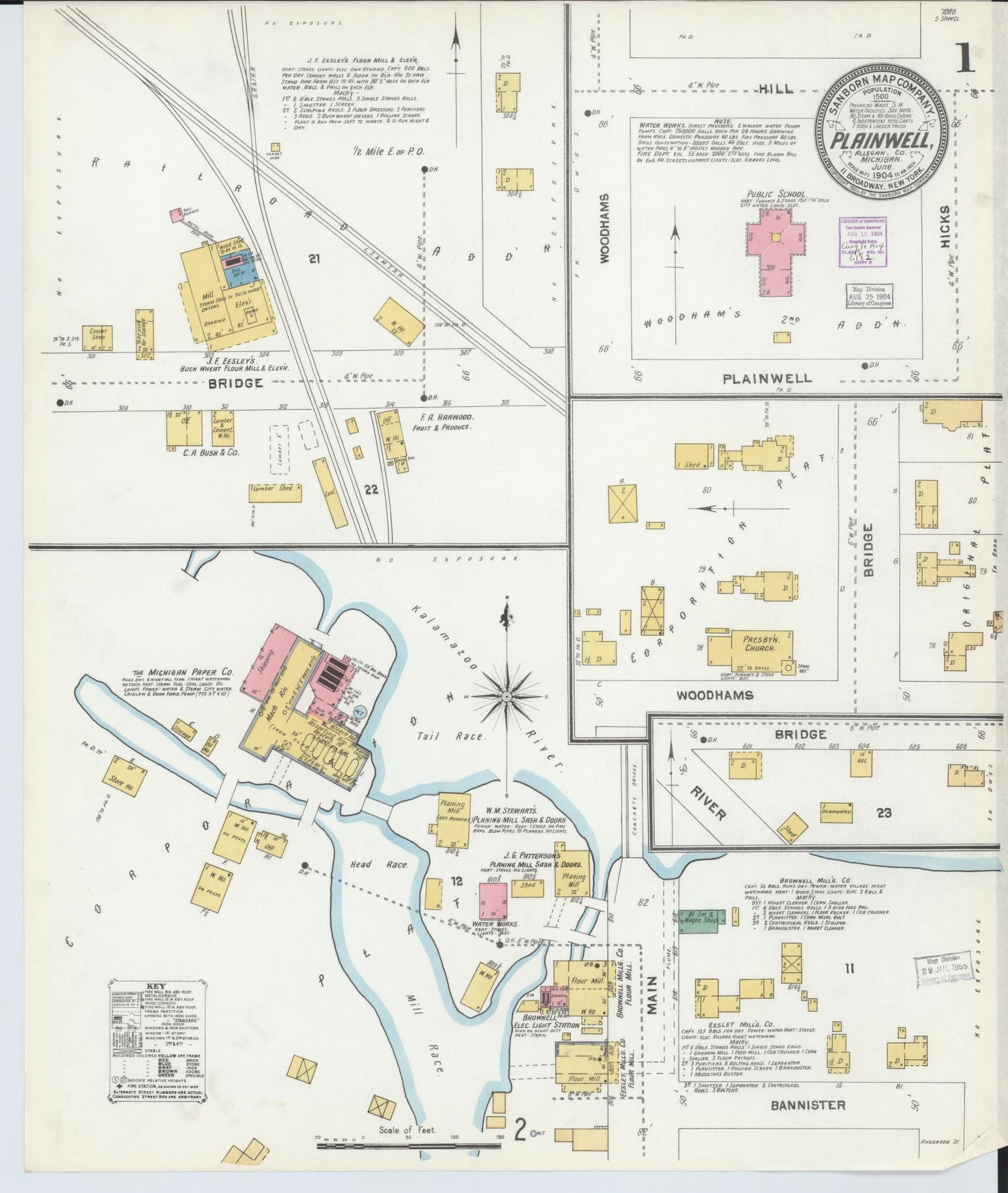 Sanborn Fire Insurance Map from Plainwell, Allegan County, Michigan (1904), Sheet #0001 - Historic Sanborn Fire Insurance Map Print, vintage old map wall art, antique decor, genealogy gift, Michigan Michigan map