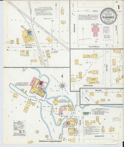 Sanborn Fire Insurance Map from Plainwell, Allegan County, Michigan (1904), Sheet #0001 - Historic Sanborn Fire Insurance Map Print, vintage old map wall art, antique decor, genealogy gift, Michigan Michigan map