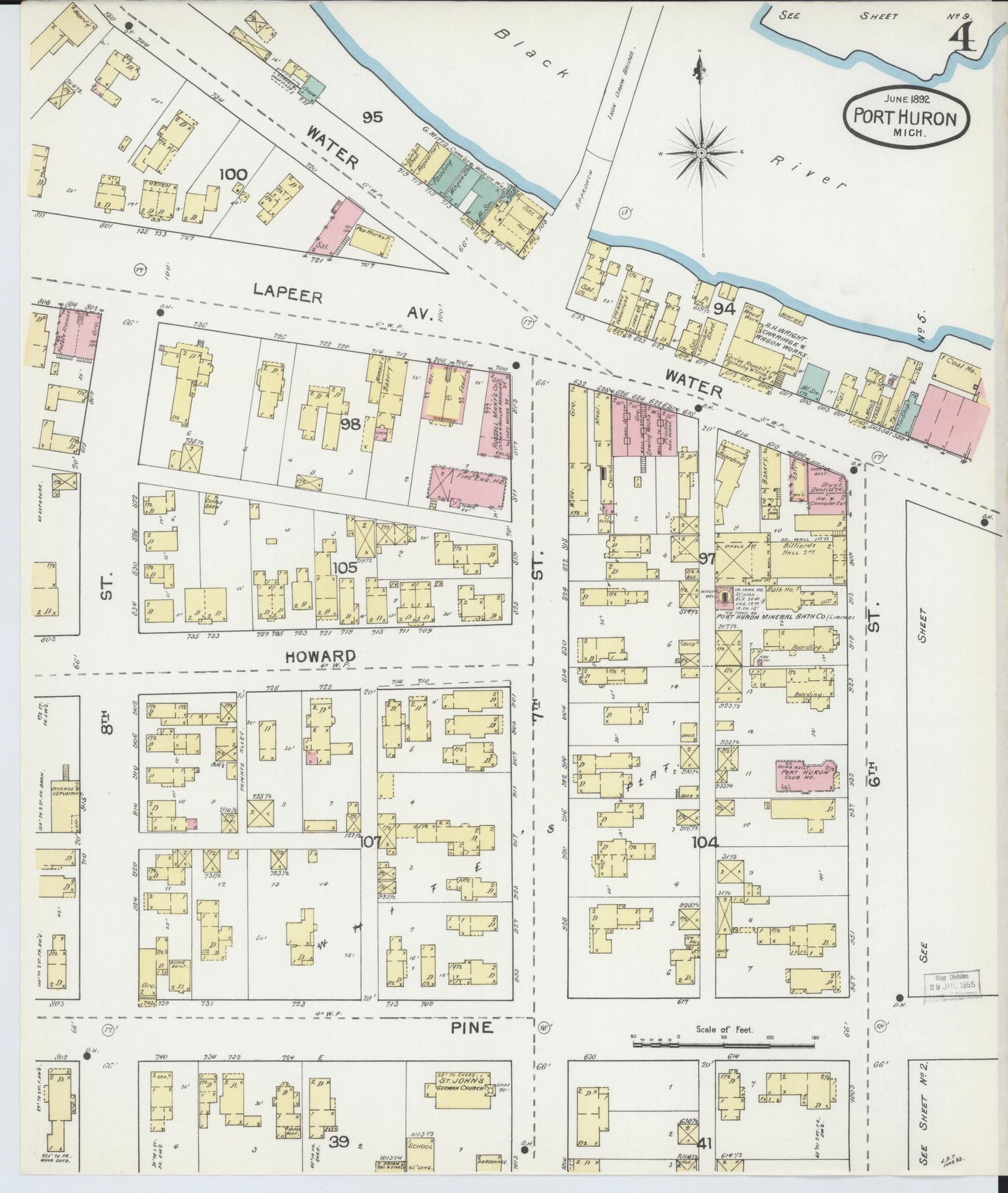 Sanborn Fire Insurance Map from Port Huron, Saint Clair County, Michigan (1892), Sheet #0004 - Historic Sanborn Fire Insurance Map Print, vintage old map wall art, antique decor, genealogy gift, Michigan Michigan map