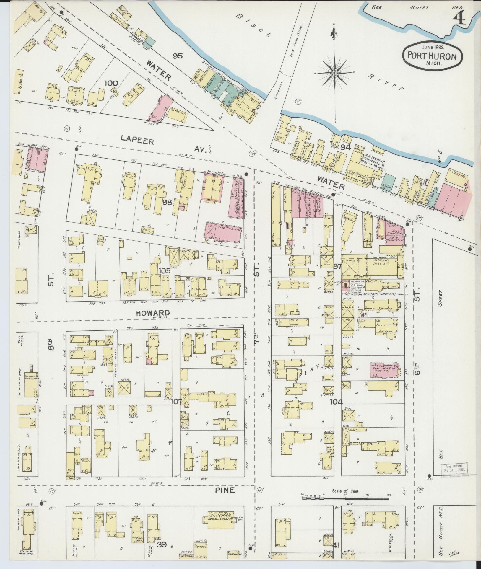 Sanborn Fire Insurance Map from Port Huron, Saint Clair County, Michigan (1892), Sheet #0004 - Historic Sanborn Fire Insurance Map Print, vintage old map wall art, antique decor, genealogy gift, Michigan Michigan map