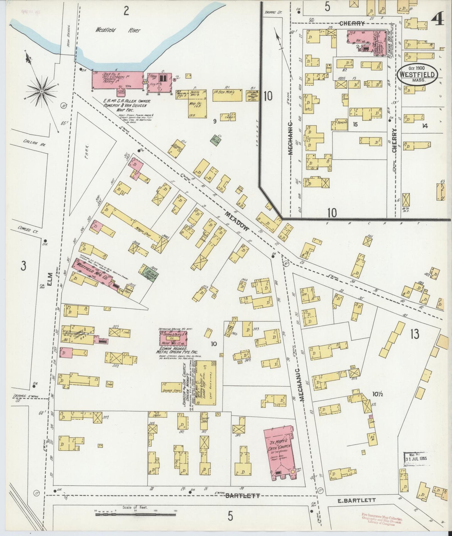 Sanborn Fire Insurance Map from Westfield, Hampden County, Massachusetts (1900), Sheet #0004 - Historic Sanborn Fire Insurance Map Print, vintage old map wall art, antique decor, genealogy gift, Massachusetts Massachusetts map