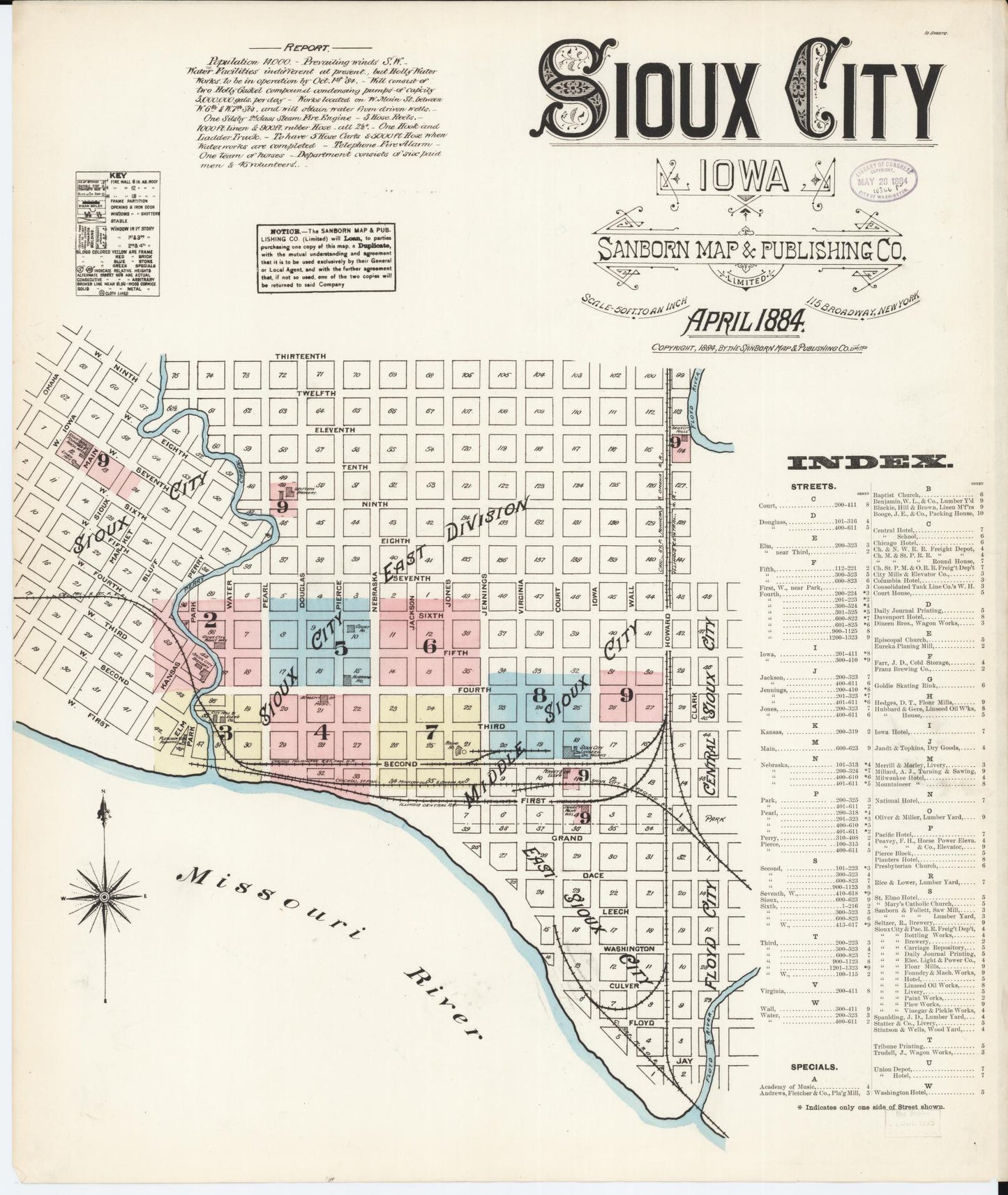 Sanborn Fire Insurance Map from Sioux City, Woodbury County, Iowa (1884), Sheet #0001 - Historic Sanborn Fire Insurance Map Print, vintage old map wall art