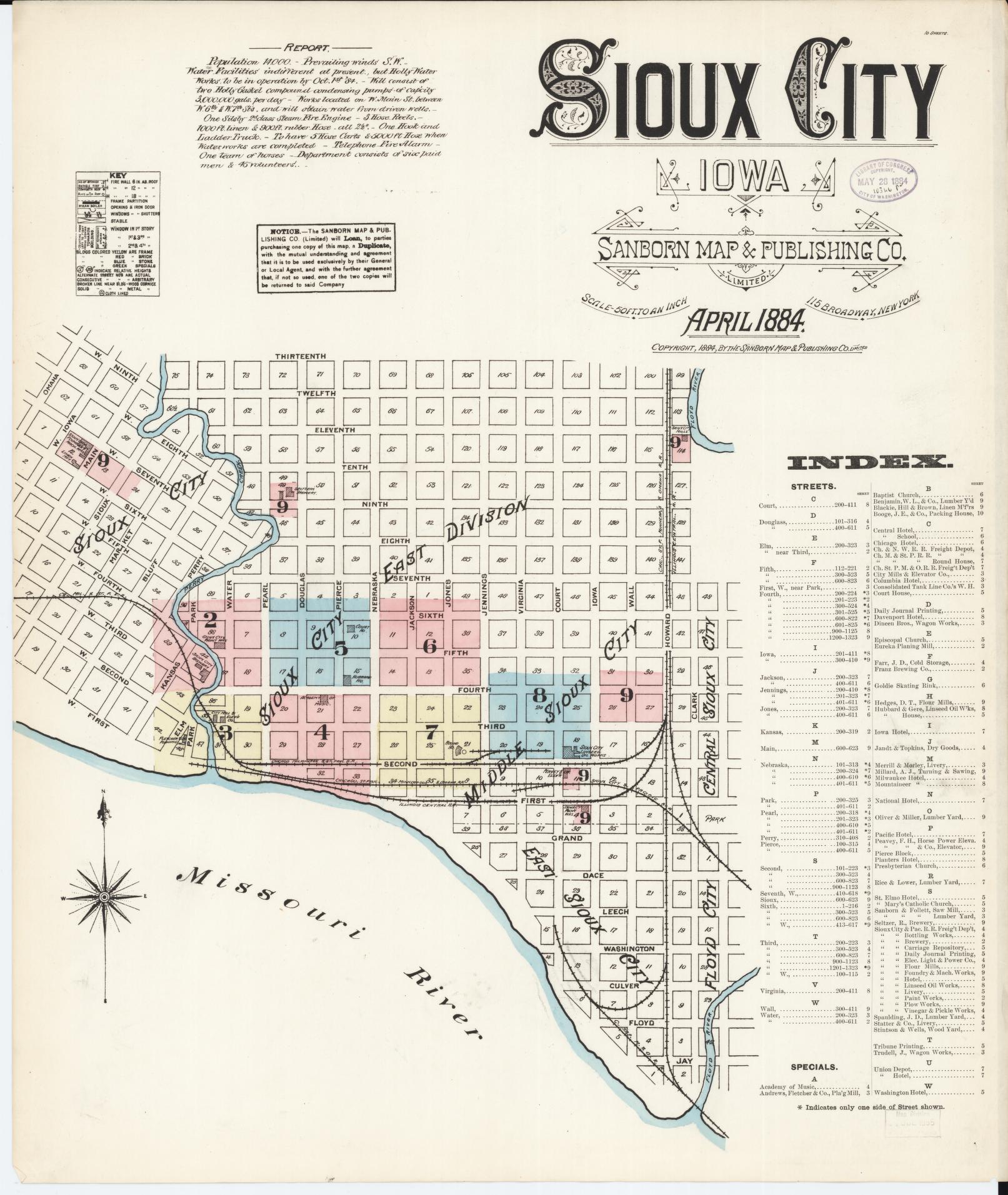Sanborn Fire Insurance Map from Sioux City, Woodbury County, Iowa (1884), Sheet #0001 - Historic Sanborn Fire Insurance Map Print, vintage old map wall art