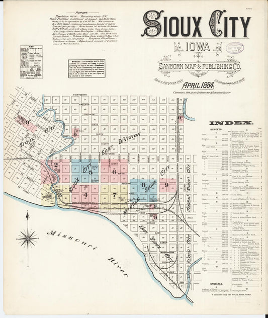 Sanborn Fire Insurance Map from Sioux City, Woodbury County, Iowa (1884), Sheet #0001 - Historic Sanborn Fire Insurance Map Print, vintage old map wall art