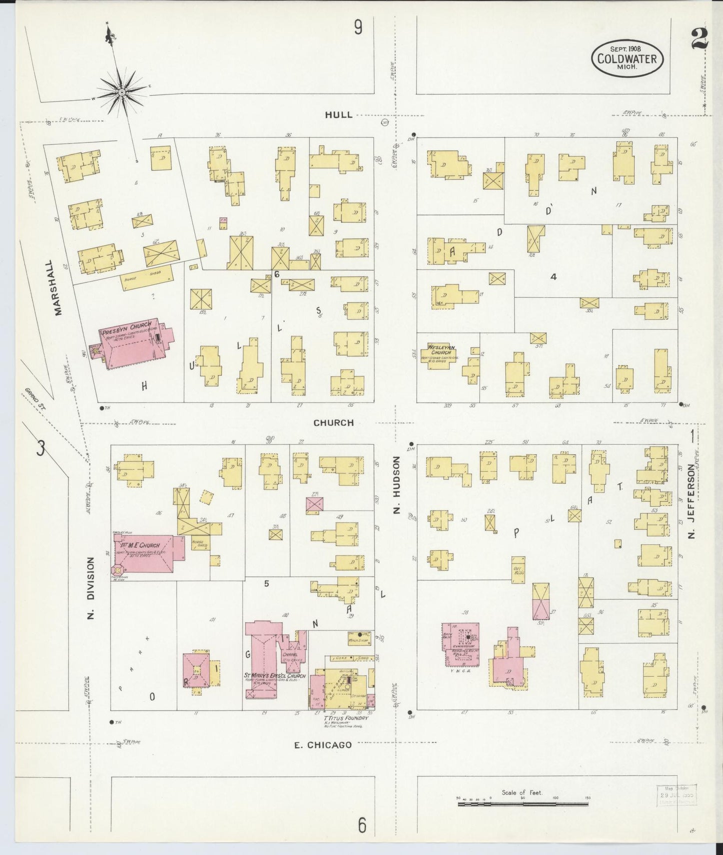 Sanborn Fire Insurance Map from Coldwater, Branch County, Michigan (1908), Sheet #0002 - Historic Sanborn Fire Insurance Map Print, vintage old map wall art, antique decor, genealogy gift, Michigan Michigan map