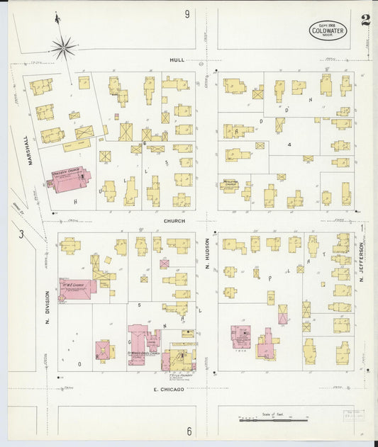 Sanborn Fire Insurance Map from Coldwater, Branch County, Michigan (1908), Sheet #0002 - Historic Sanborn Fire Insurance Map Print, vintage old map wall art, antique decor, genealogy gift, Michigan Michigan map