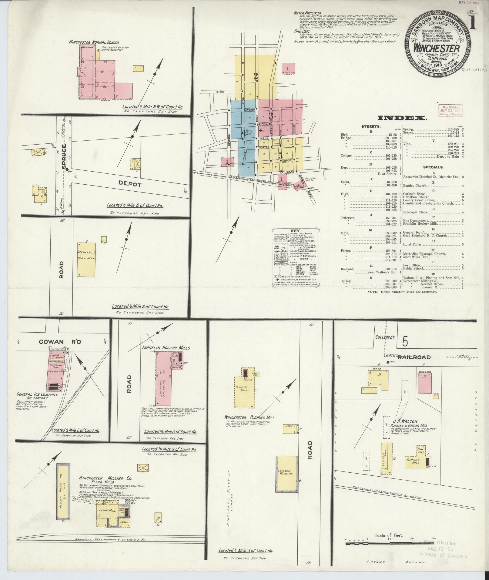 Sanborn Fire Insurance Map from Winchester, Franklin County, Tennessee (1910), Sheet #0001 - Historic Sanborn Fire Insurance Map Print, vintage old map wall art, antique decor, genealogy gift, Tennessee Tennessee map