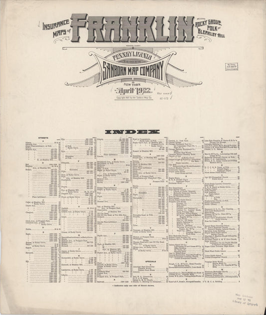 Sanborn Fire Insurance Map from Franklin, Venango County, Pennsylvania (1922), Sheet #0001 - Historic Sanborn Fire Insurance Map Print, vintage old map wall art, antique decor, genealogy gift, Pennsylvania Pennsylvania map