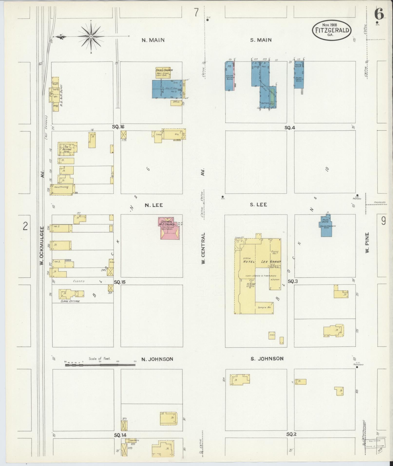 Sanborn Fire Insurance Map from Fitzgerald, Ben Hill County, Georgia (1908), Sheet #0006 - Complete Map Set gallery image, historic Sanborn map, vintage wall art, Georgia Georgia
