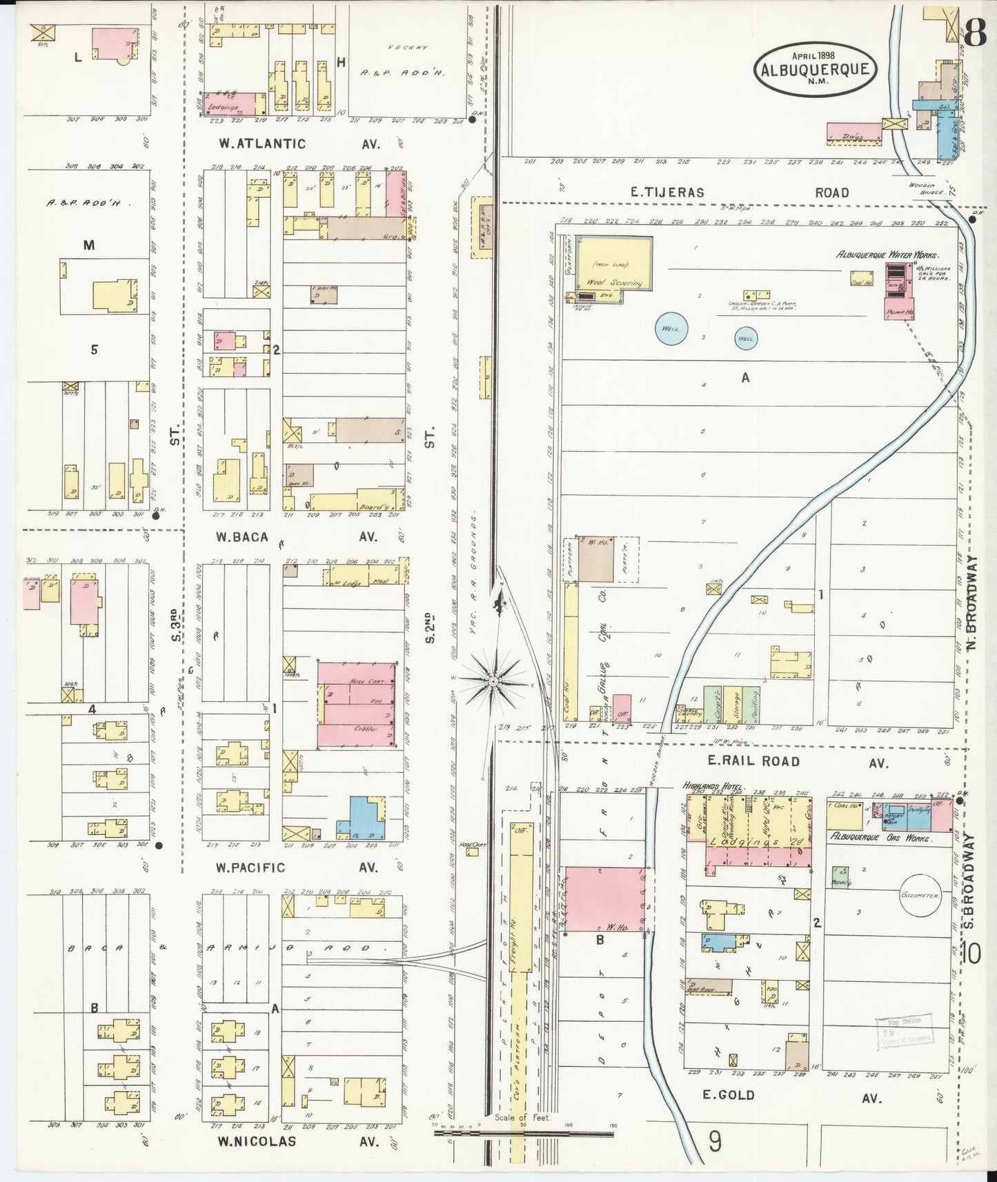 Sanborn Fire Insurance Map from Albuquerque, Bernalillo County, New Mexico (1898), Sheet #0008 - Complete Map Set gallery image, historic Sanborn map, vintage wall art, New Mexico New Mexico