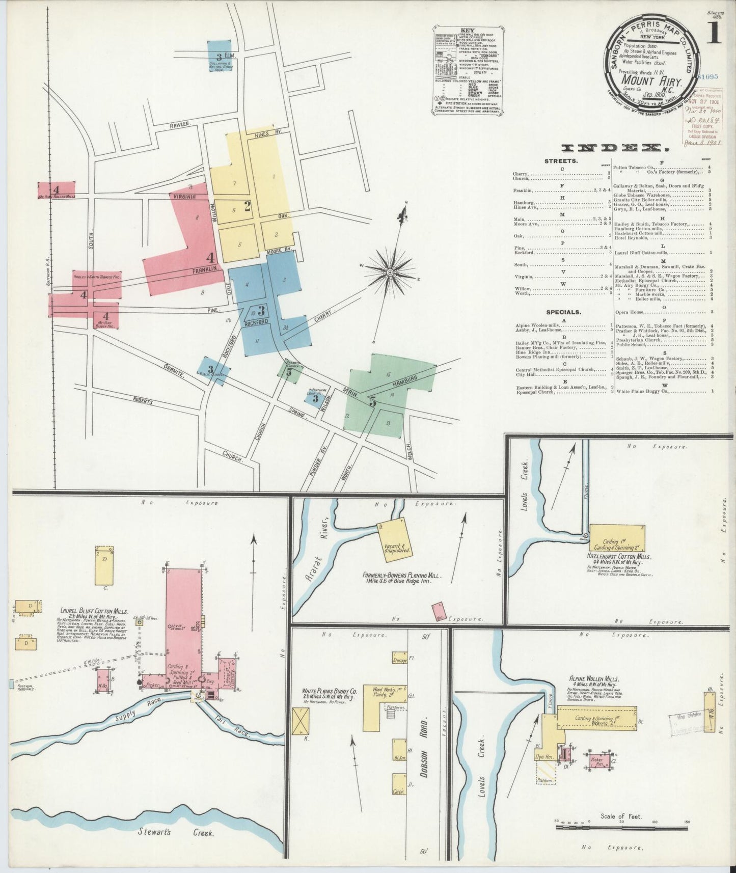 Sanborn Fire Insurance Map from Mount Airy, Surry County, North Carolina (1900), Sheet #0001 - Historic Sanborn Fire Insurance Map Print, vintage old map wall art, antique decor, genealogy gift, North Carolina North Carolina map