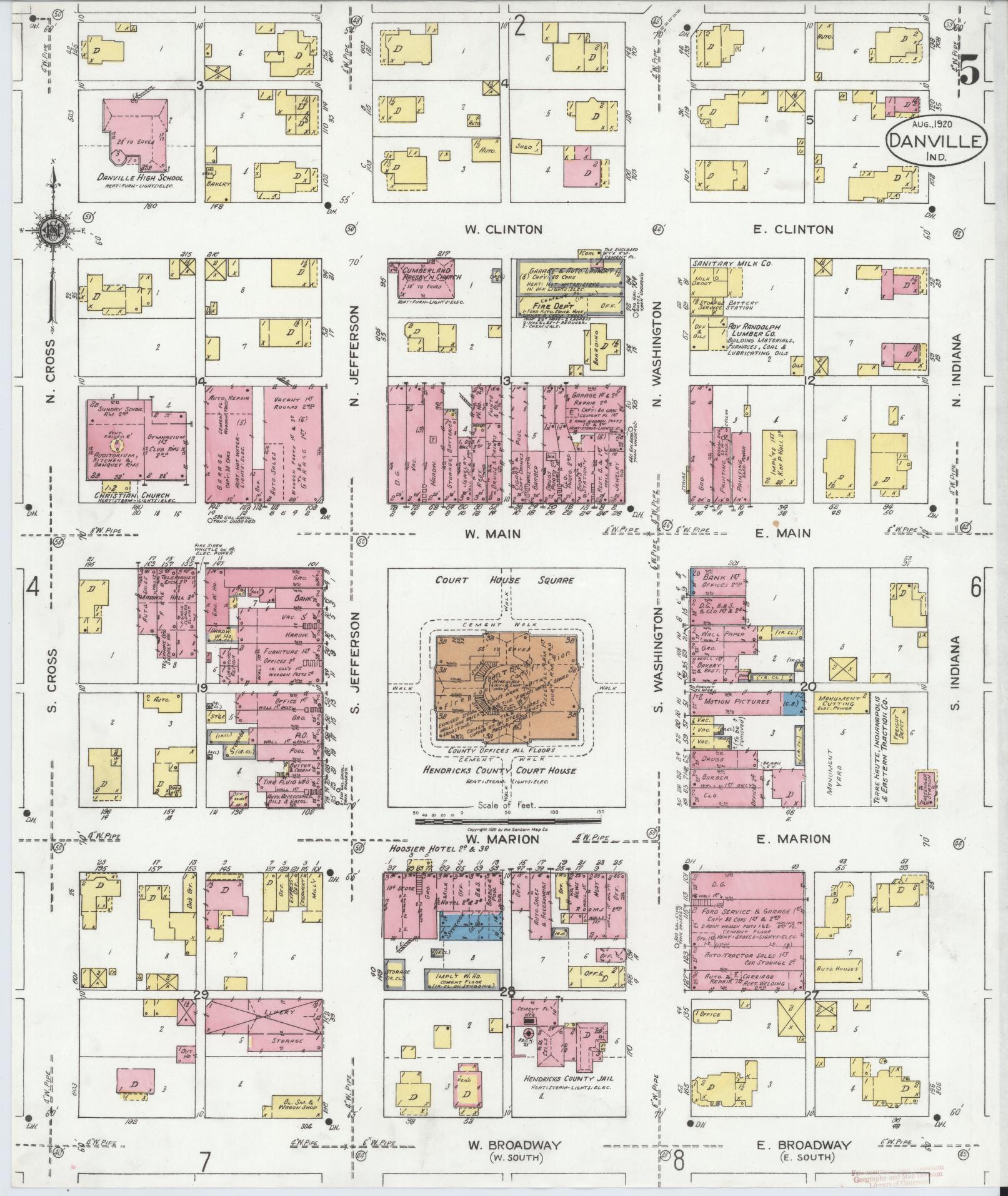 Sanborn Fire Insurance Map from Danville, Hendricks County, Indiana (1920), Sheet #0005 - Complete Map Set gallery image, historic Sanborn map, vintage wall art, Indiana Indiana