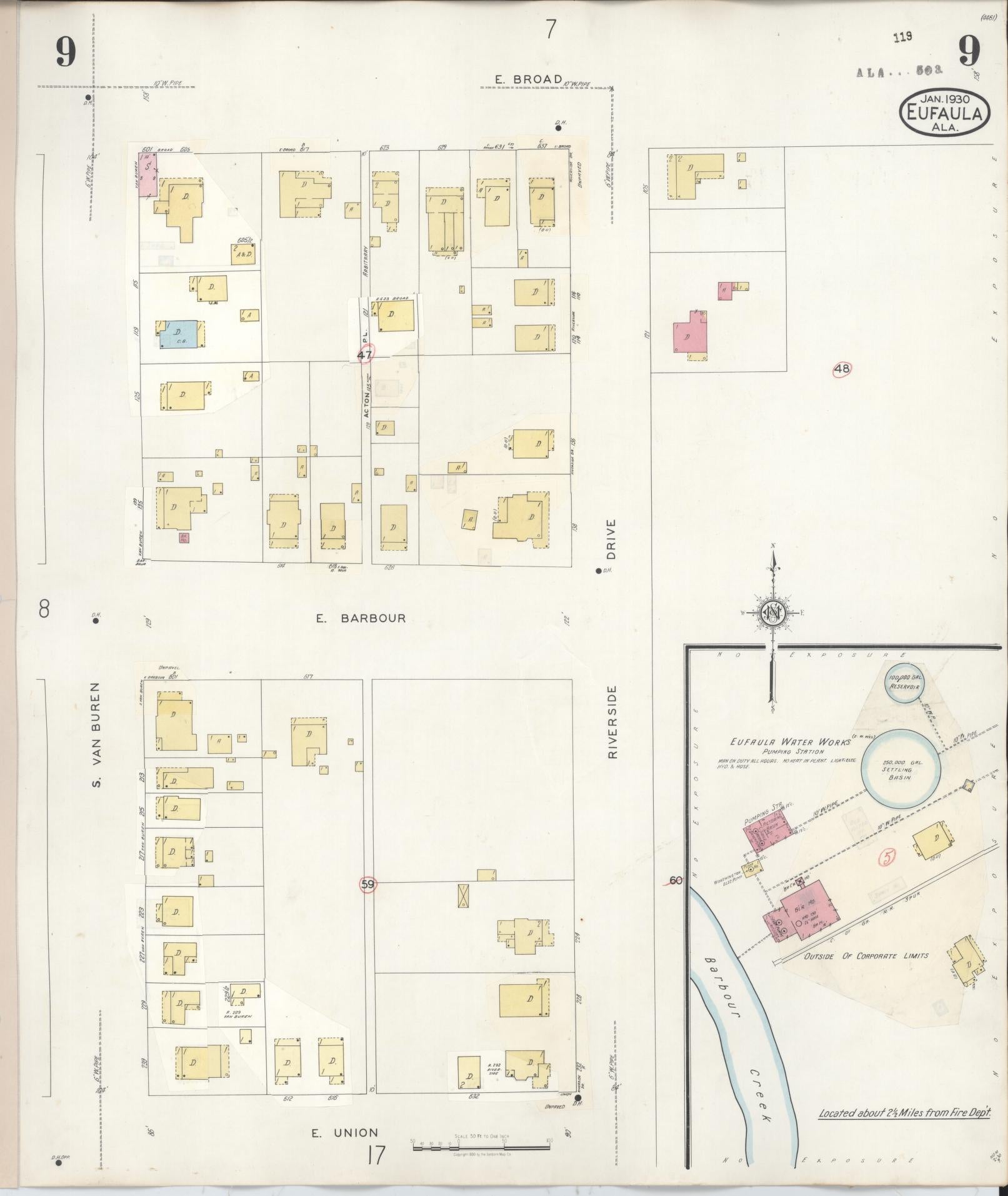 Sanborn Fire Insurance Map from Eufaula, Barbour County, Alabama (1950), Sheet #0009 - Historic Sanborn Fire Insurance Map Print, vintage old map wall art, antique decor, genealogy gift, Alabama Alabama map