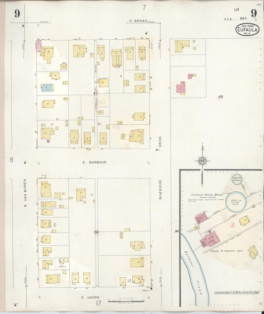 Sanborn Fire Insurance Map from Eufaula, Barbour County, Alabama (1950), Sheet #0009 - Historic Sanborn Fire Insurance Map Print, vintage old map wall art, antique decor, genealogy gift, Alabama Alabama map