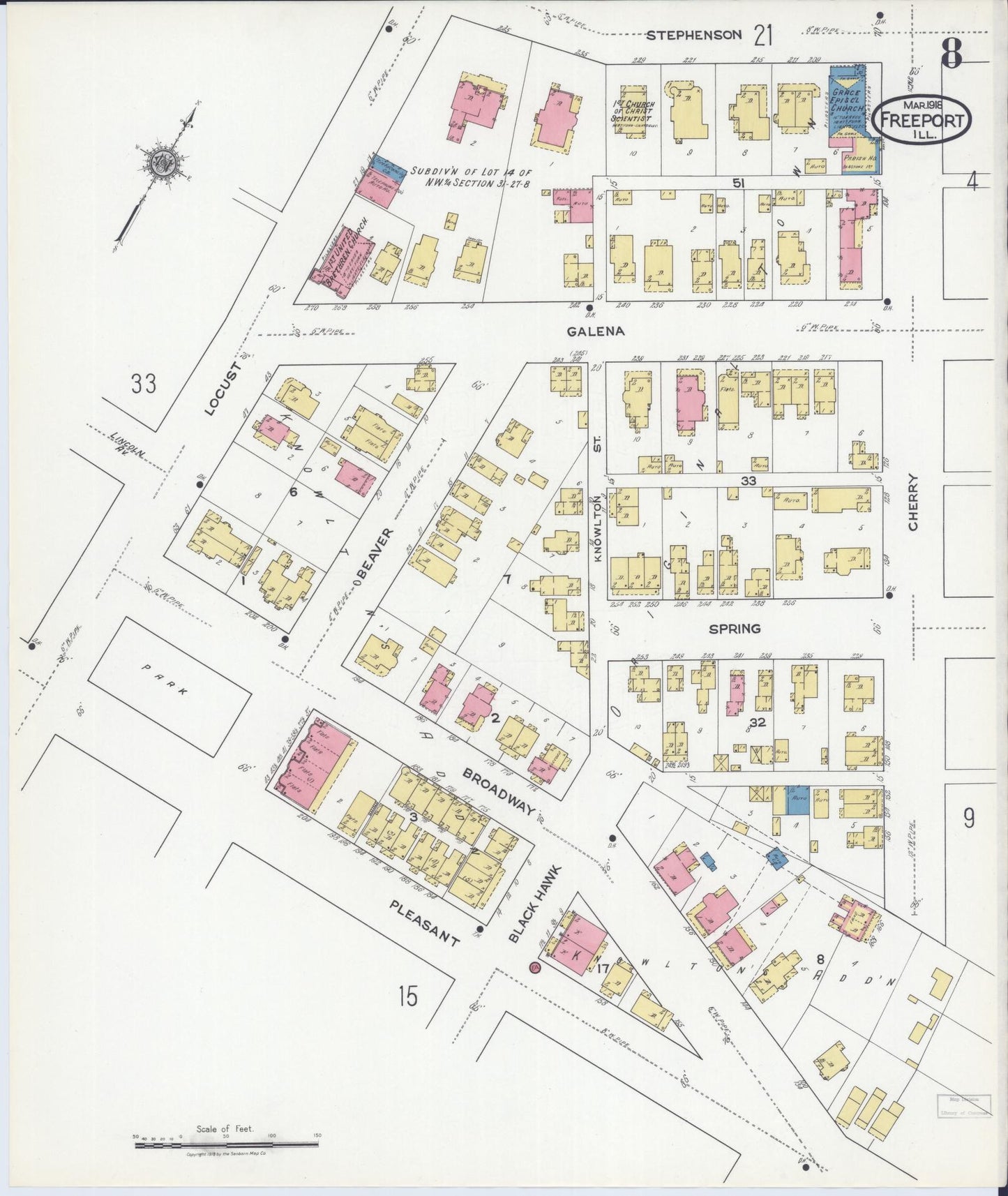 Sanborn Fire Insurance Map from Freeport, Stephenson County, Illinois (1918), Sheet #0008 - Complete Map Set gallery image, historic Sanborn map, vintage wall art, Illinois Illinois