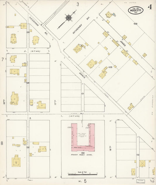 Sanborn Fire Insurance Map from Modesto, Stanislaus County, California (1911), Sheet #0004 - Historic Sanborn Fire Insurance Map Print, vintage old map wall art, antique decor, genealogy gift, California California map