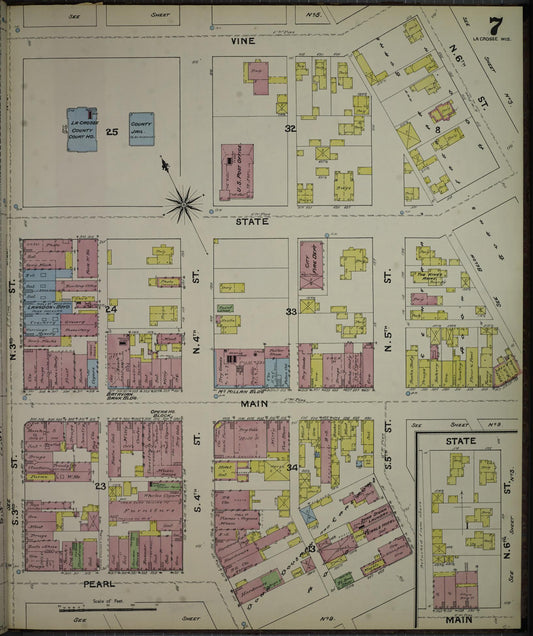 Sanborn Fire Insurance Map from La Crosse, La Crosse County, Wisconsin (1891), Sheet #0007 - Historic Sanborn Fire Insurance Map Print, vintage old map wall art, antique decor, genealogy gift, Wisconsin Wisconsin map