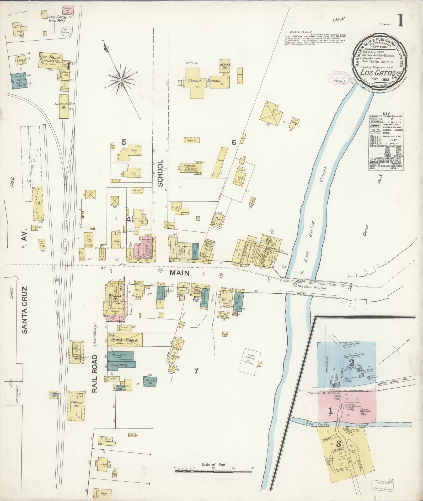 Sanborn Fire Insurance Map from Los Gatos, Santa Clara County, California (1888), Sheet #0001 - Historic Sanborn Fire Insurance Map Print, vintage old map wall art, antique decor, genealogy gift, California California map