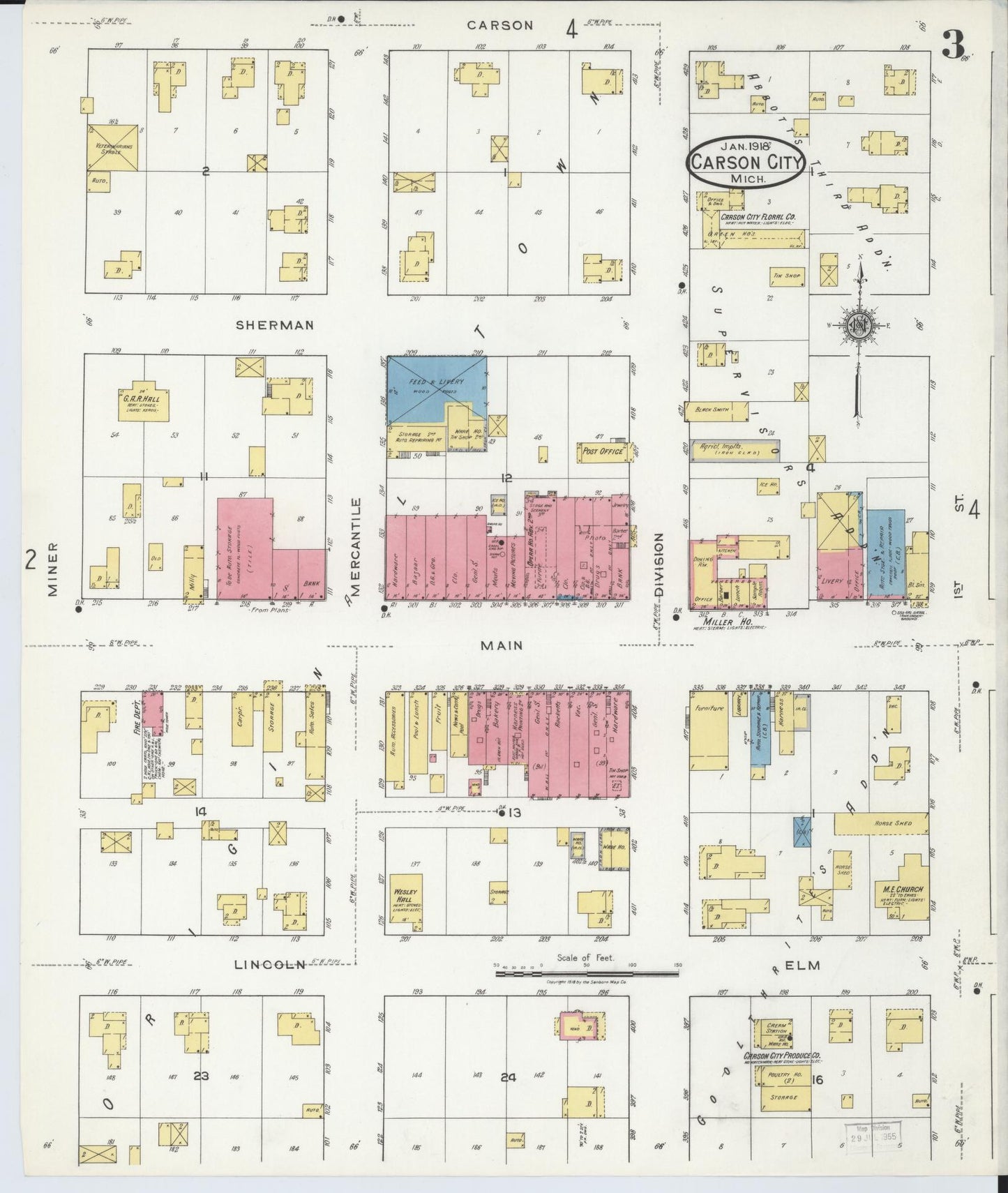 Sanborn Fire Insurance Map from Carson City, Montcalm County, Michigan (1918), Sheet #0003 - Complete Map Set gallery image, historic Sanborn map, vintage wall art, Michigan Michigan