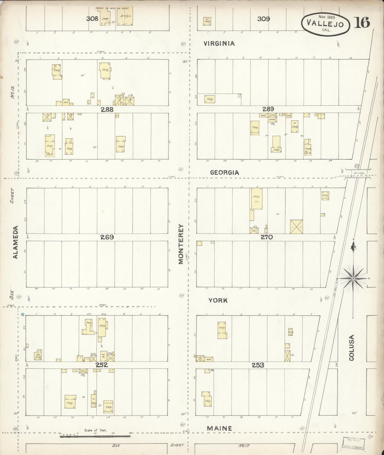 Sanborn Fire Insurance Map from Vallejo, Solano County, California (1889), Sheet #0016 - Complete Map Set gallery image, historic Sanborn map, vintage wall art, California California