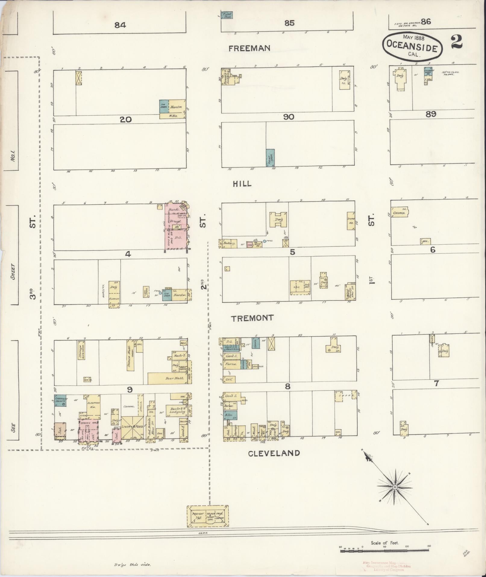 Sanborn Fire Insurance Map from Oceanside, San Diego County, California (1888), Sheet #0002 - Historic Sanborn Fire Insurance Map Print, vintage old map wall art, antique decor, genealogy gift, California California map