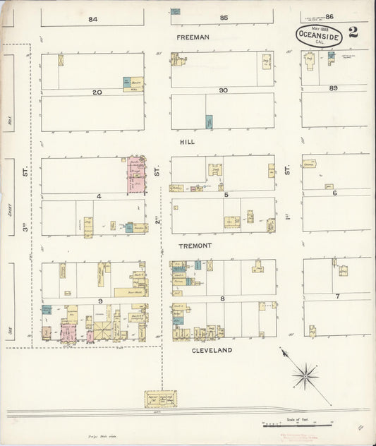Sanborn Fire Insurance Map from Oceanside, San Diego County, California (1888), Sheet #0002 - Historic Sanborn Fire Insurance Map Print, vintage old map wall art, antique decor, genealogy gift, California California map