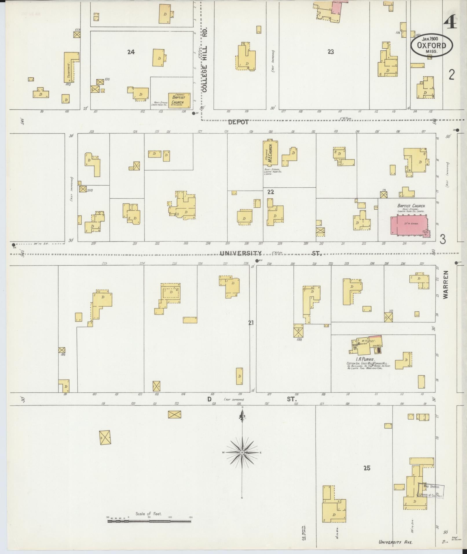 Sanborn Fire Insurance Map from Oxford, Lafayette County, Mississippi (1900), Sheet #0004 - Complete Map Set gallery image, historic Sanborn map, vintage wall art, Mississippi Mississippi