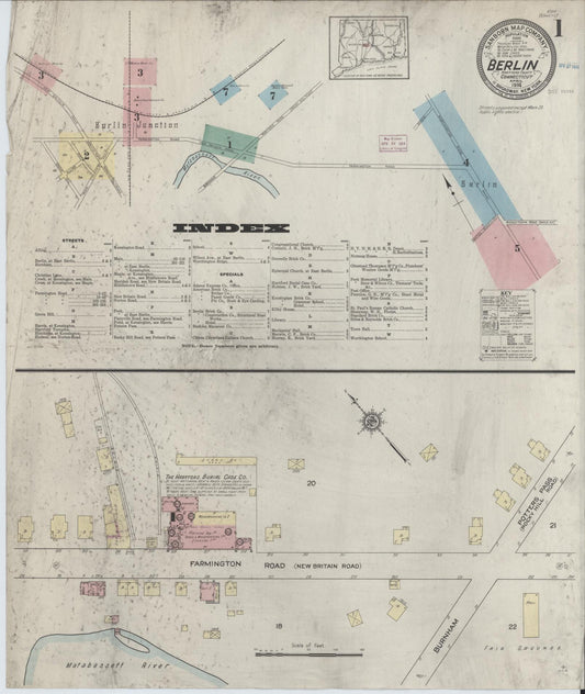 Sanborn Fire Insurance Map from Berlin, Hartford County, Connecticut (1914), Sheet #0001 - Historic Sanborn Fire Insurance Map Print, vintage old map wall art, antique decor, genealogy gift, Connecticut Connecticut map