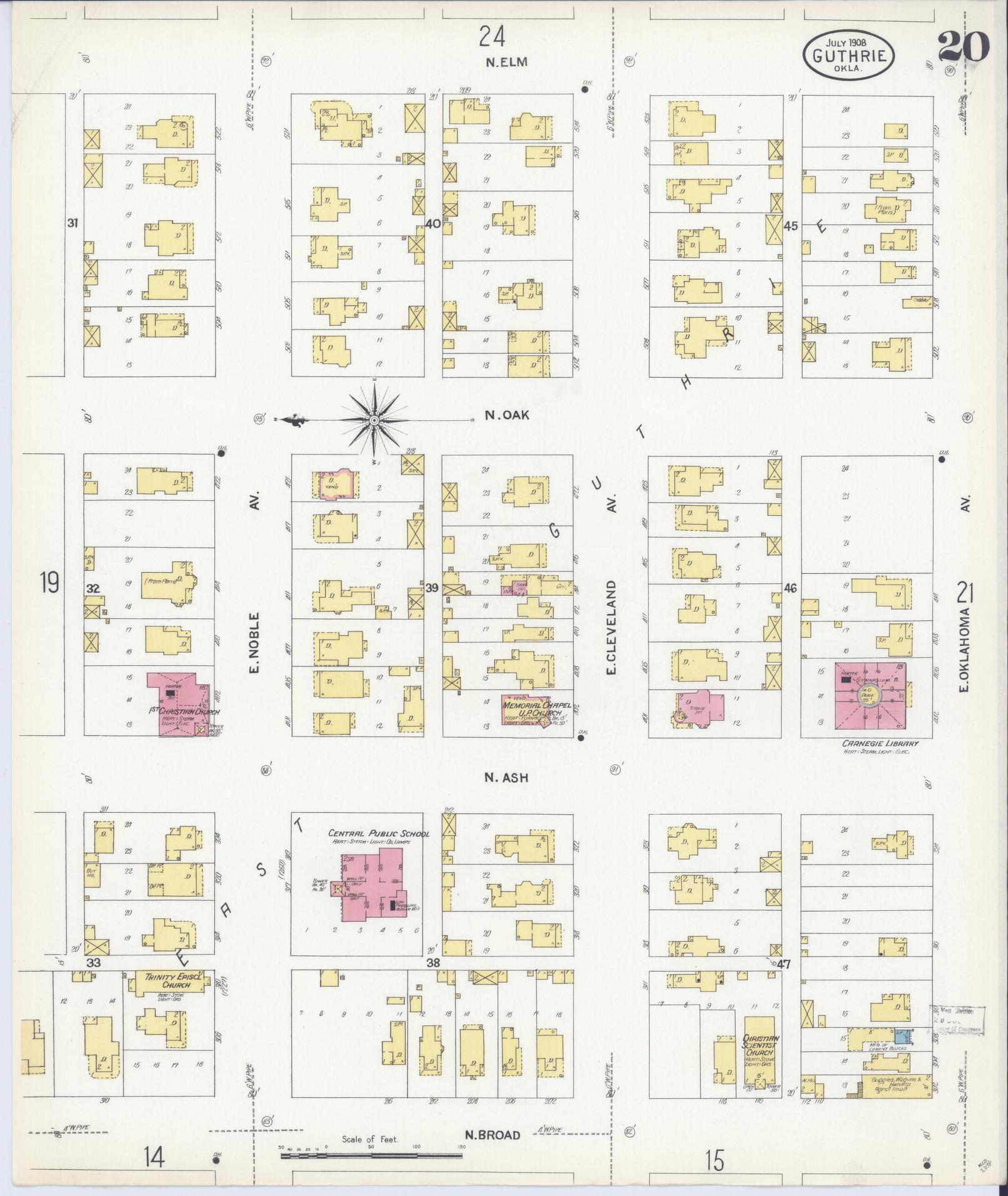 Sanborn Fire Insurance Map from Guthrie, Logan County, Oklahoma (1908), Sheet #0020 - Historic Sanborn Fire Insurance Map Print, vintage old map wall art, antique decor, genealogy gift, Oklahoma Oklahoma map