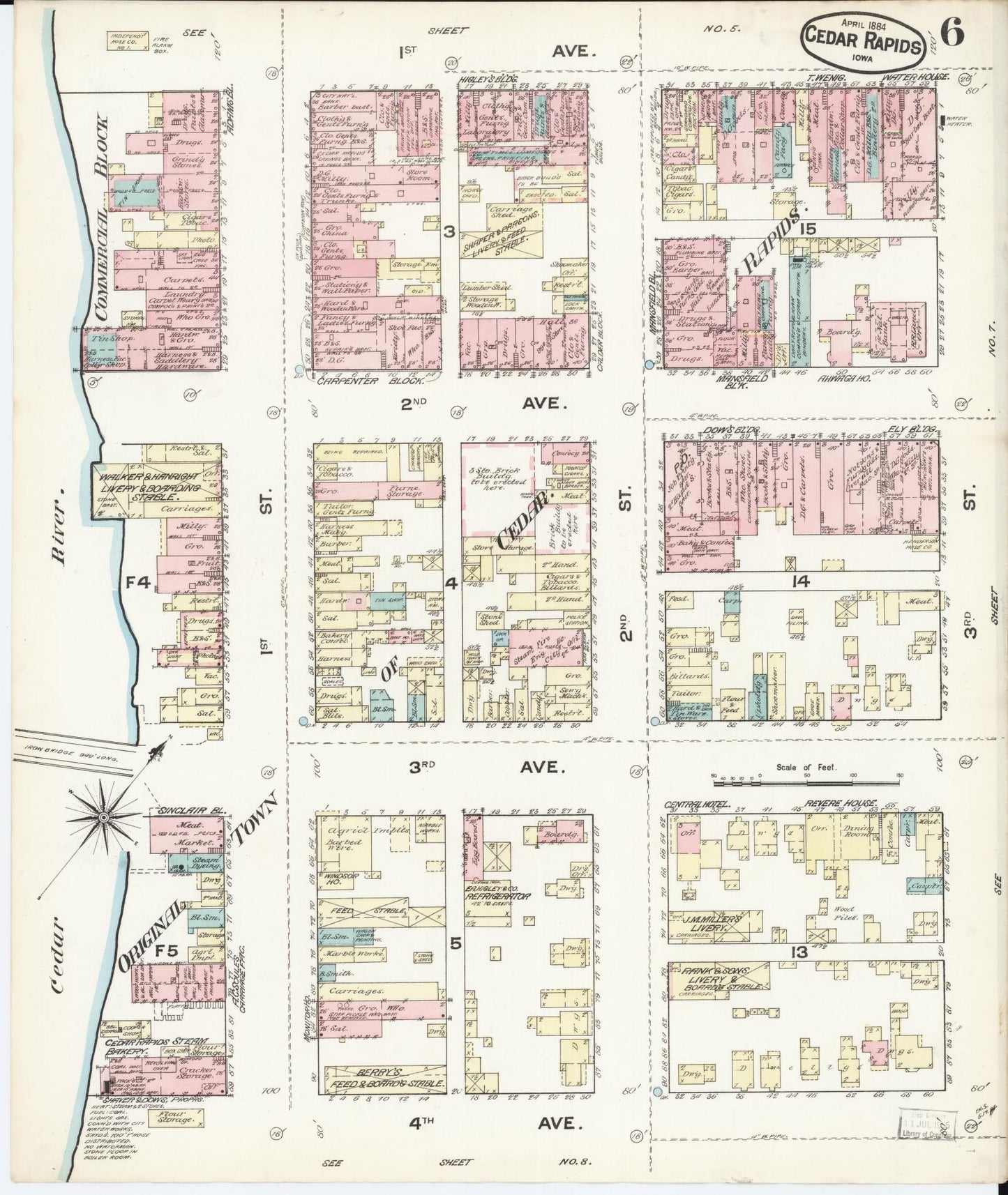 Sanborn Fire Insurance Map from Cedar Rapids, Linn County, Iowa (1884), Sheet #0006 - Historic Sanborn Fire Insurance Map Print, vintage old map wall art