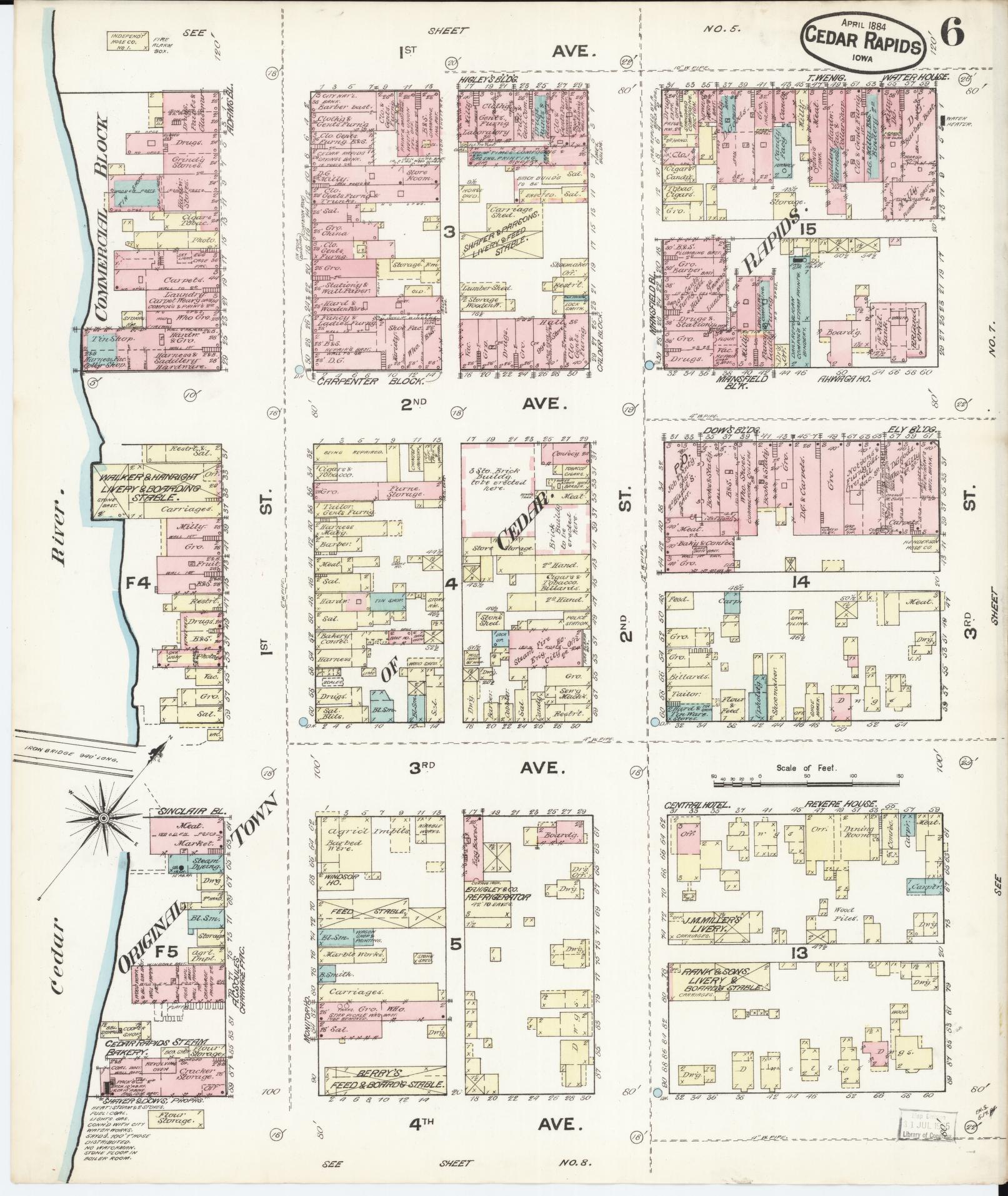 Sanborn Fire Insurance Map from Cedar Rapids, Linn County, Iowa (1884), Sheet #0006 - Historic Sanborn Fire Insurance Map Print, vintage old map wall art