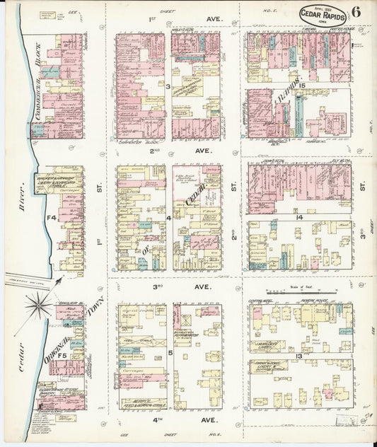 Sanborn Fire Insurance Map from Cedar Rapids, Linn County, Iowa (1884), Sheet #0006 - Historic Sanborn Fire Insurance Map Print, vintage old map wall art