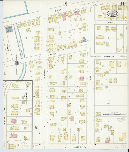 Sanborn Fire Insurance Map from Pontiac, Oakland County, Michigan (1909), Sheet #0011 - Historic Sanborn Fire Insurance Map Print, vintage old map wall art, antique decor, genealogy gift, Michigan Michigan map