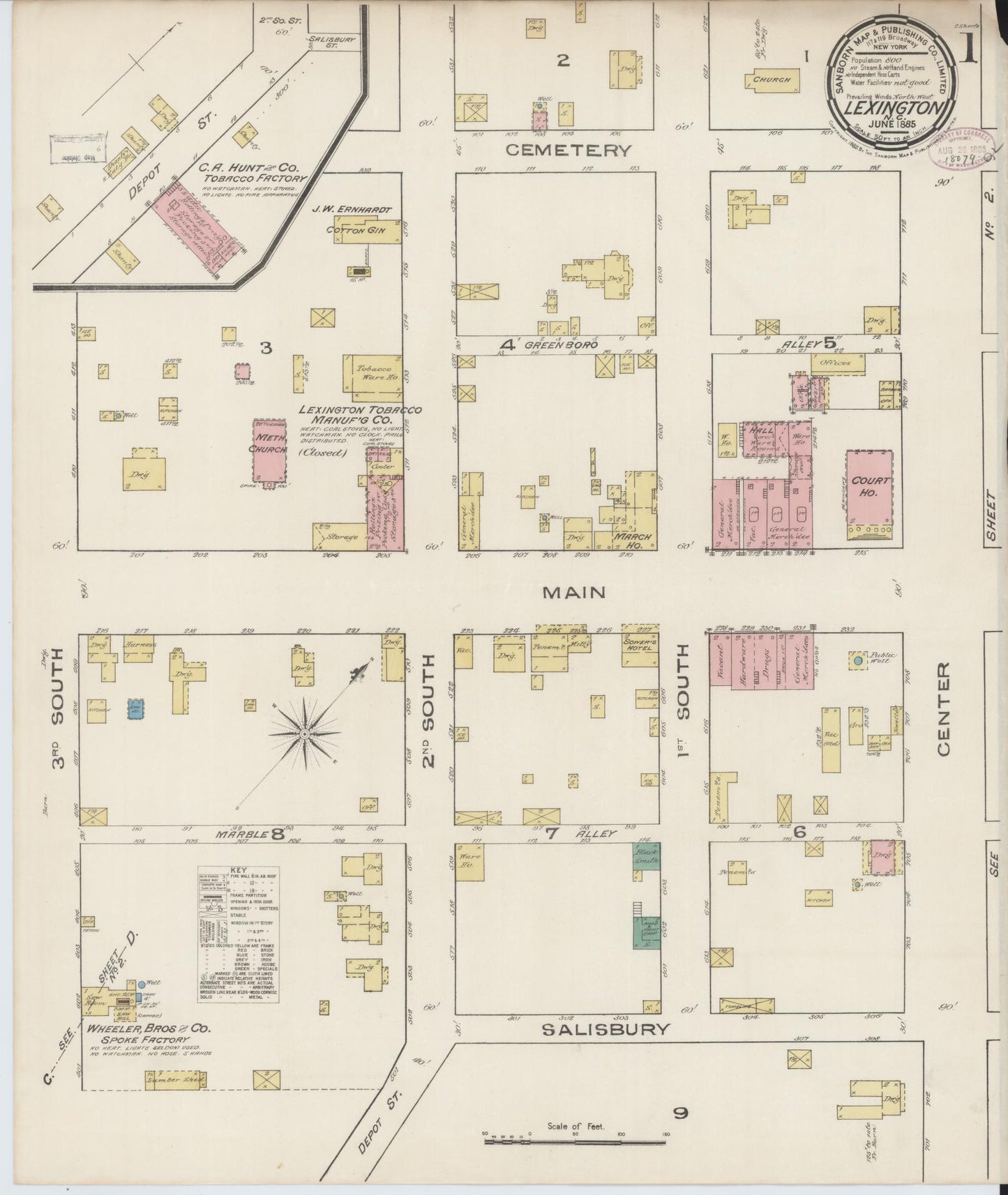 Sanborn Fire Insurance Map from Lexington, Davidson County, North Carolina (1885), Sheet #0001 - Complete Map Set gallery image, historic Sanborn map, vintage wall art, North Carolina North Carolina