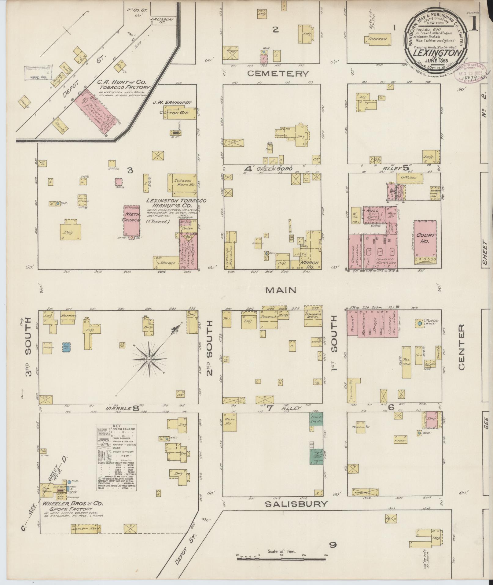 Sanborn Fire Insurance Map from Lexington, Davidson County, North Carolina (1885), Sheet #0001 - Complete Map Set gallery image, historic Sanborn map, vintage wall art, North Carolina North Carolina