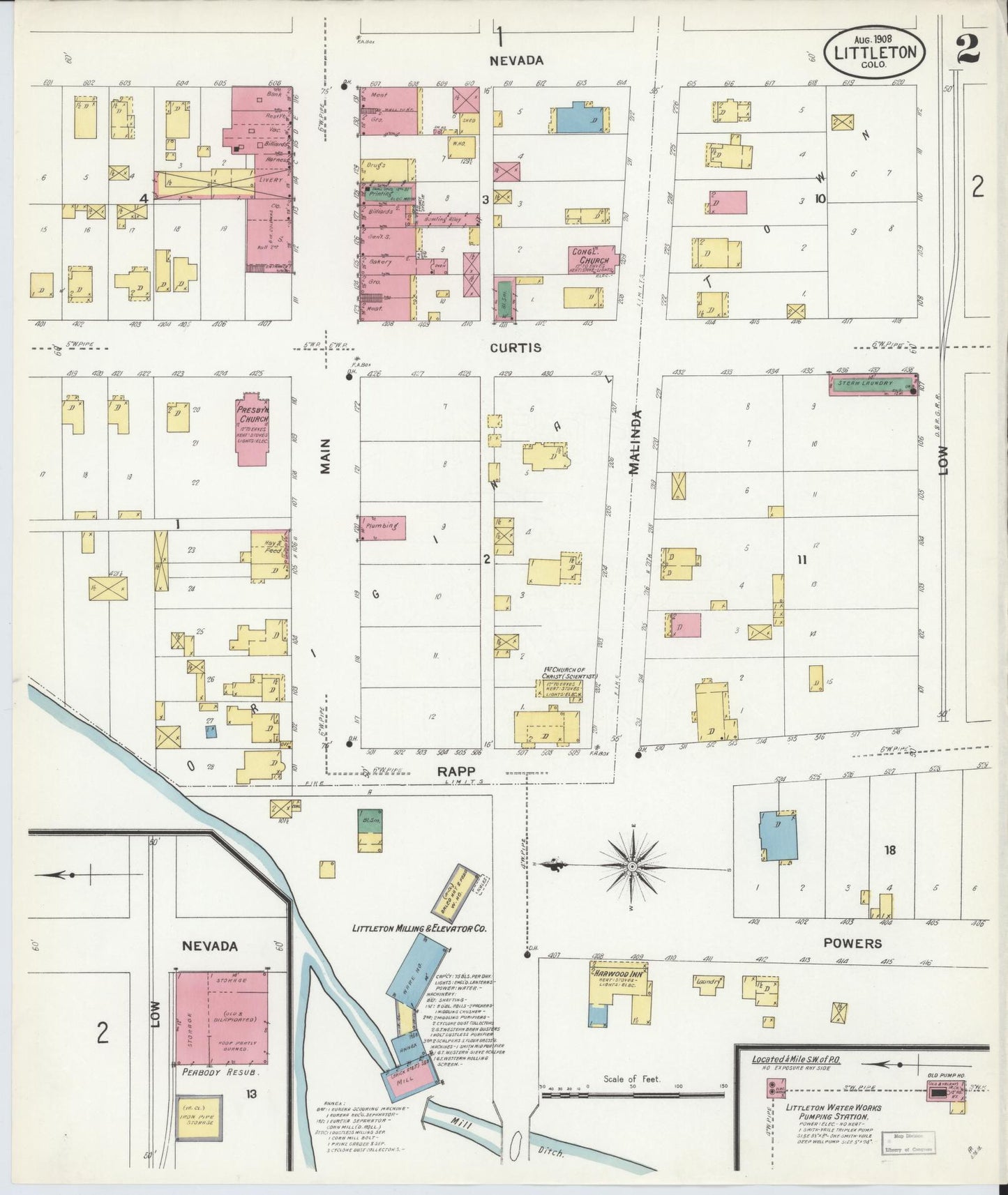 Sanborn Fire Insurance Map from Littleton, Arapahoe County, Colorado (1908), Sheet #0002 - Historic Sanborn Fire Insurance Map Print, vintage old map wall art, antique decor, genealogy gift, Colorado Colorado map