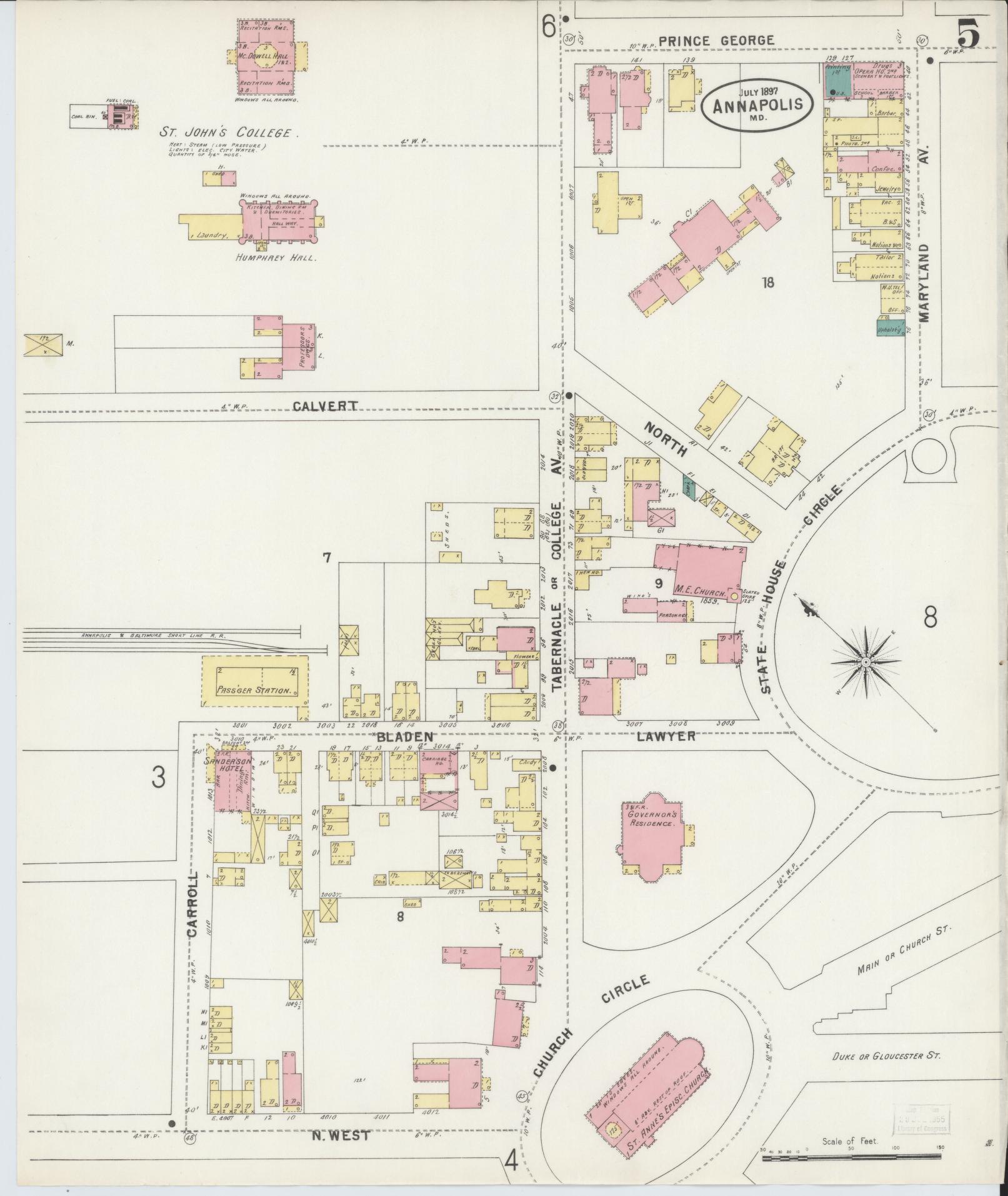 Sanborn Fire Insurance Map from Annapolis, Anne Arundel County, Maryland (1897), Sheet #0005 - Historic Sanborn Fire Insurance Map Print, vintage old map wall art, antique decor, genealogy gift, Maryland Maryland map