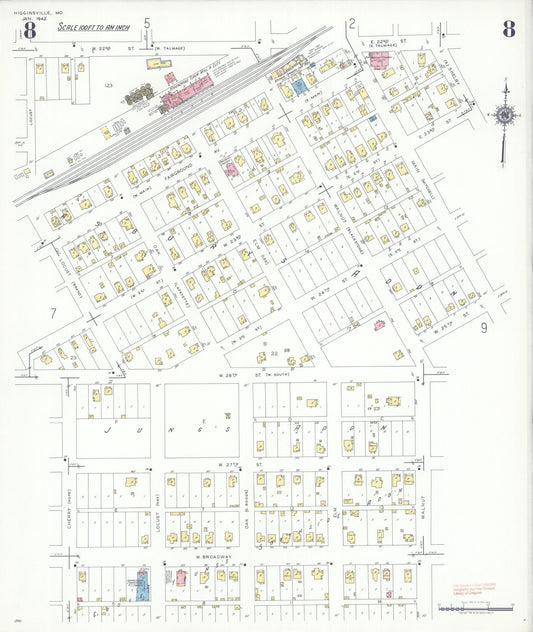 Sanborn Fire Insurance Map from Higginsville, Lafayette County, Missouri (1942), Sheet #0008 - Historic Sanborn Fire Insurance Map Print, vintage old map wall art, antique decor, genealogy gift, Missouri Missouri map