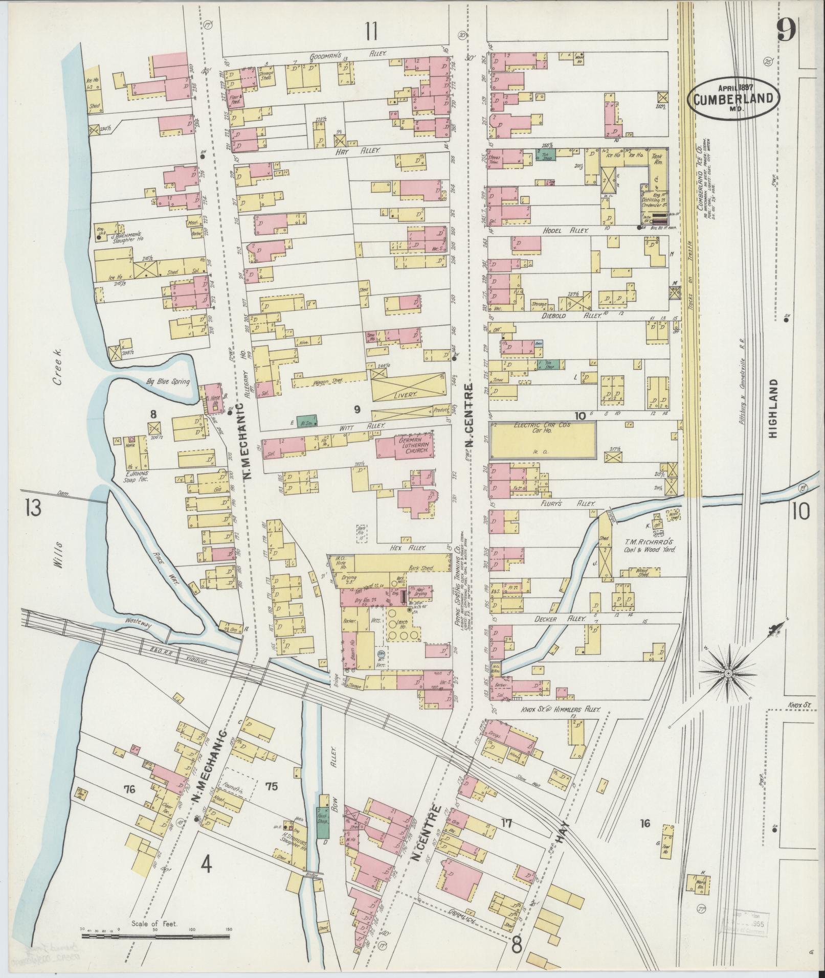 Allegany, Maryland - 1897 - Sanborn Fire Insurance Map, Sheet #0009 - Historic Sanborn Fire Insurance Map Print, Allegany Maryland 1897 0009 vintage old map wall art