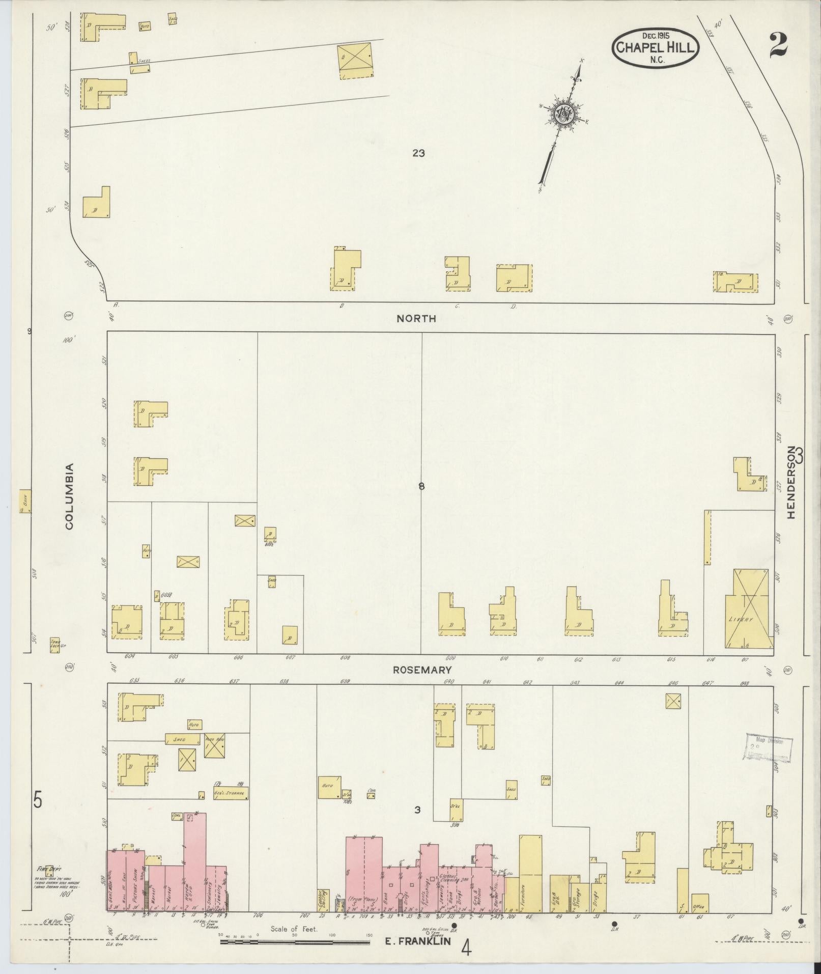 Sanborn Fire Insurance Map from Chapel Hill, Orange County, North Carolina (1915), Sheet #0002 - Complete Map Set gallery image, historic Sanborn map, vintage wall art, North Carolina North Carolina
